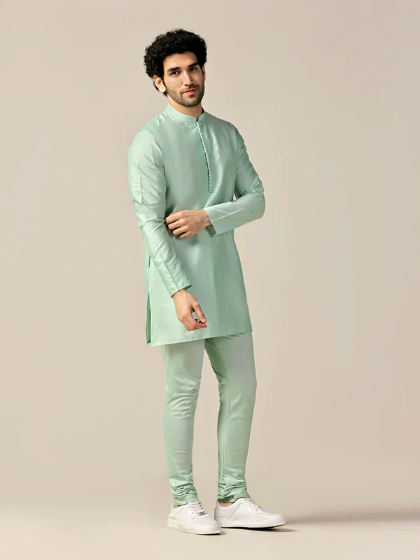 Mint Green Solid Mid Kurta Churidar Set - Image 2