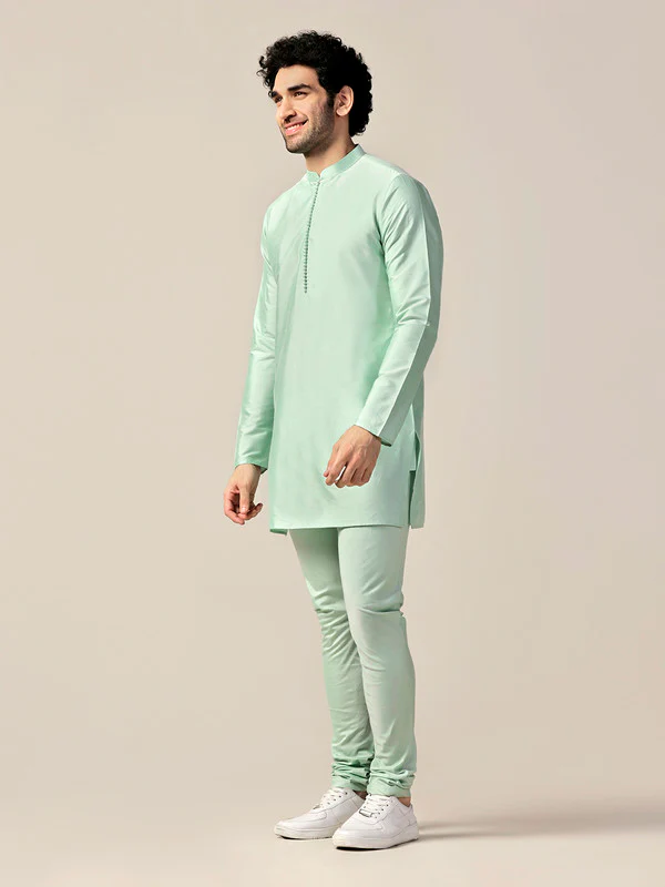 Mint Green Solid Mid Kurta Churidar Set - Image 3
