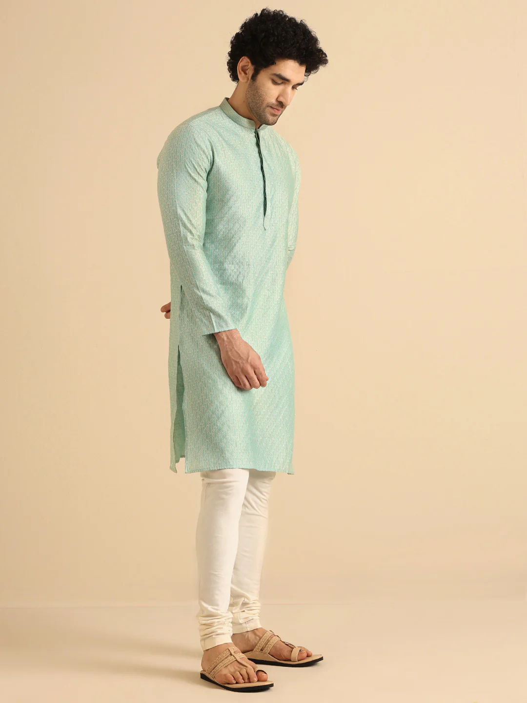 Mint Green Jacquard Kurta Churidar Set - Image 3