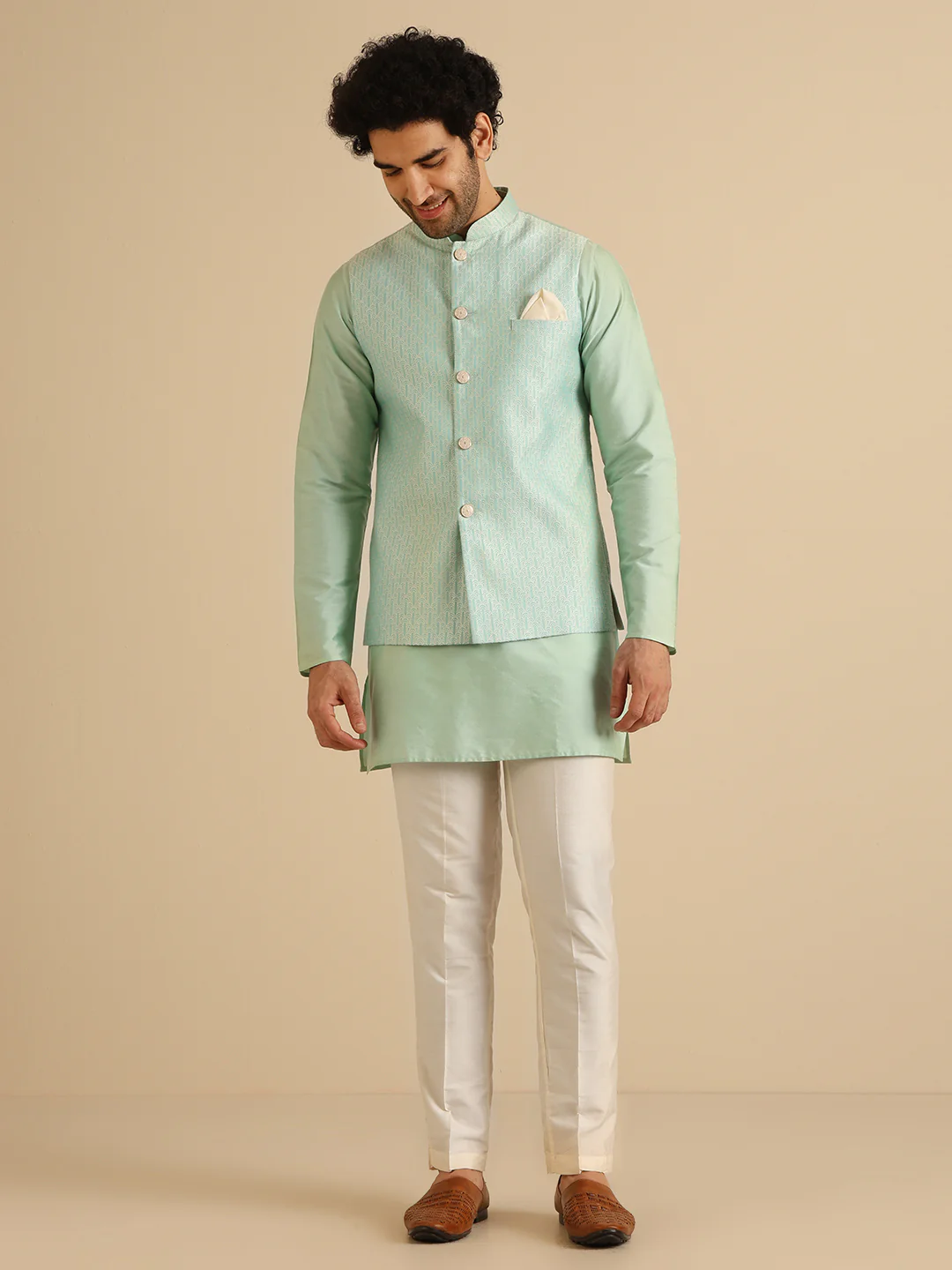 Aqua Green Textured Nehru Jacket Kurta Set - Image 2