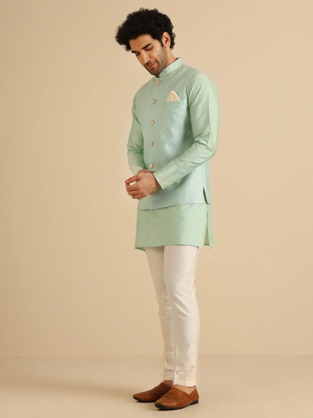 Aqua Green Textured Nehru Jacket Kurta Set - Image 3