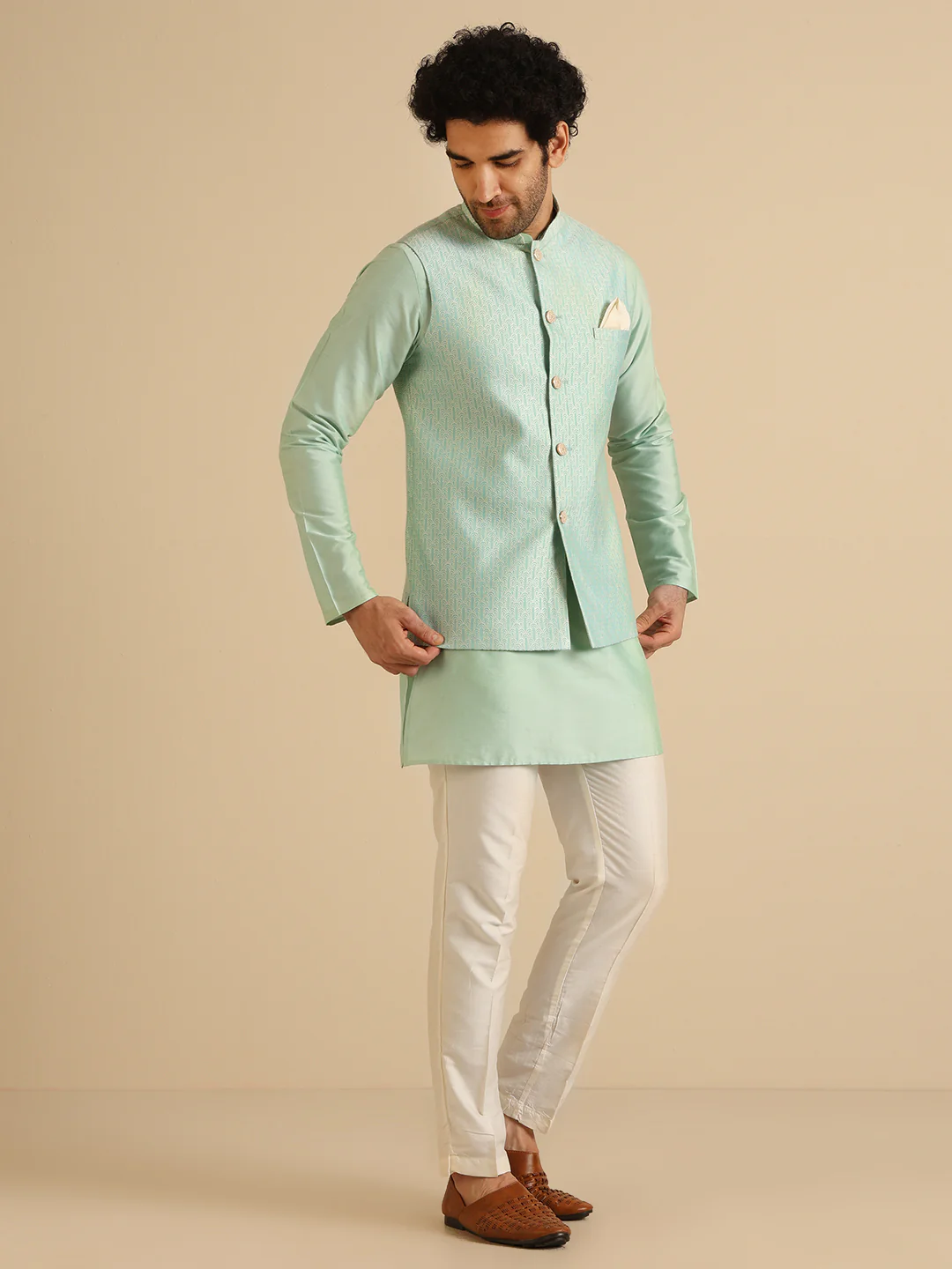 Aqua Green Textured Nehru Jacket Kurta Set - Image 4
