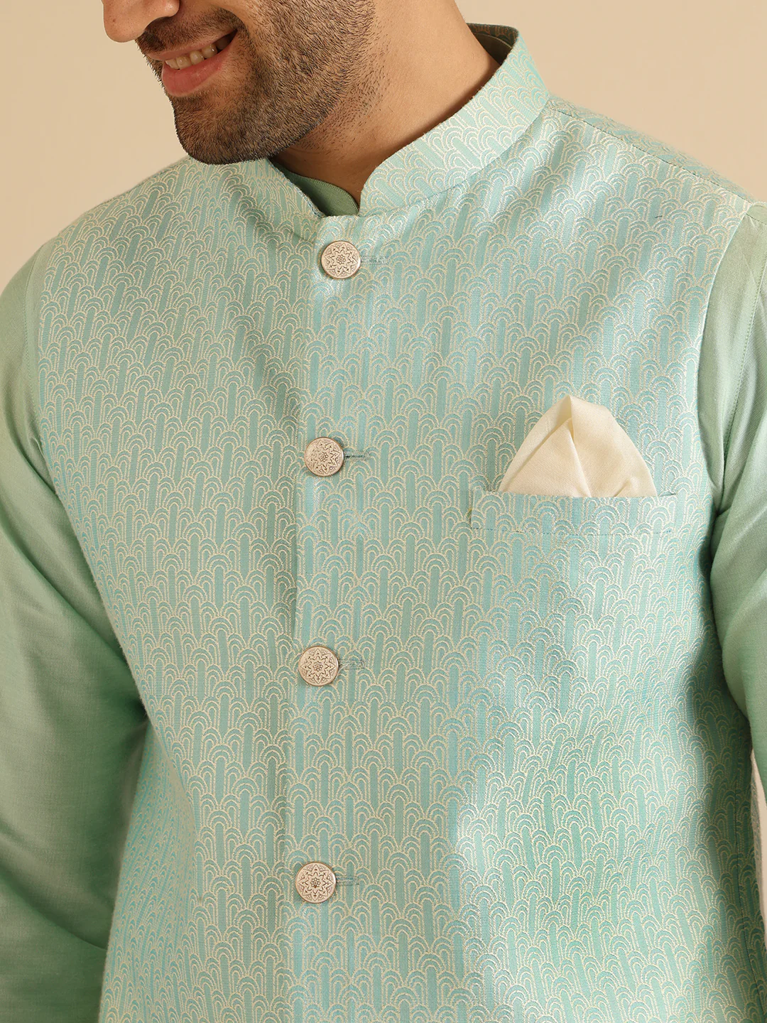 Aqua Green Textured Nehru Jacket Kurta Set - Image 6