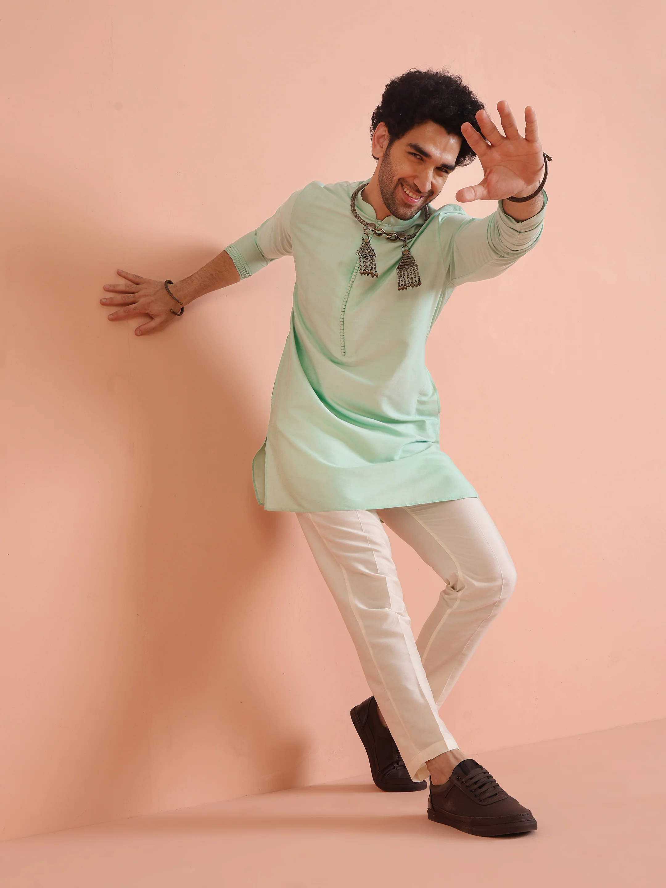 Men Aqua Green Kurta Trouser Set