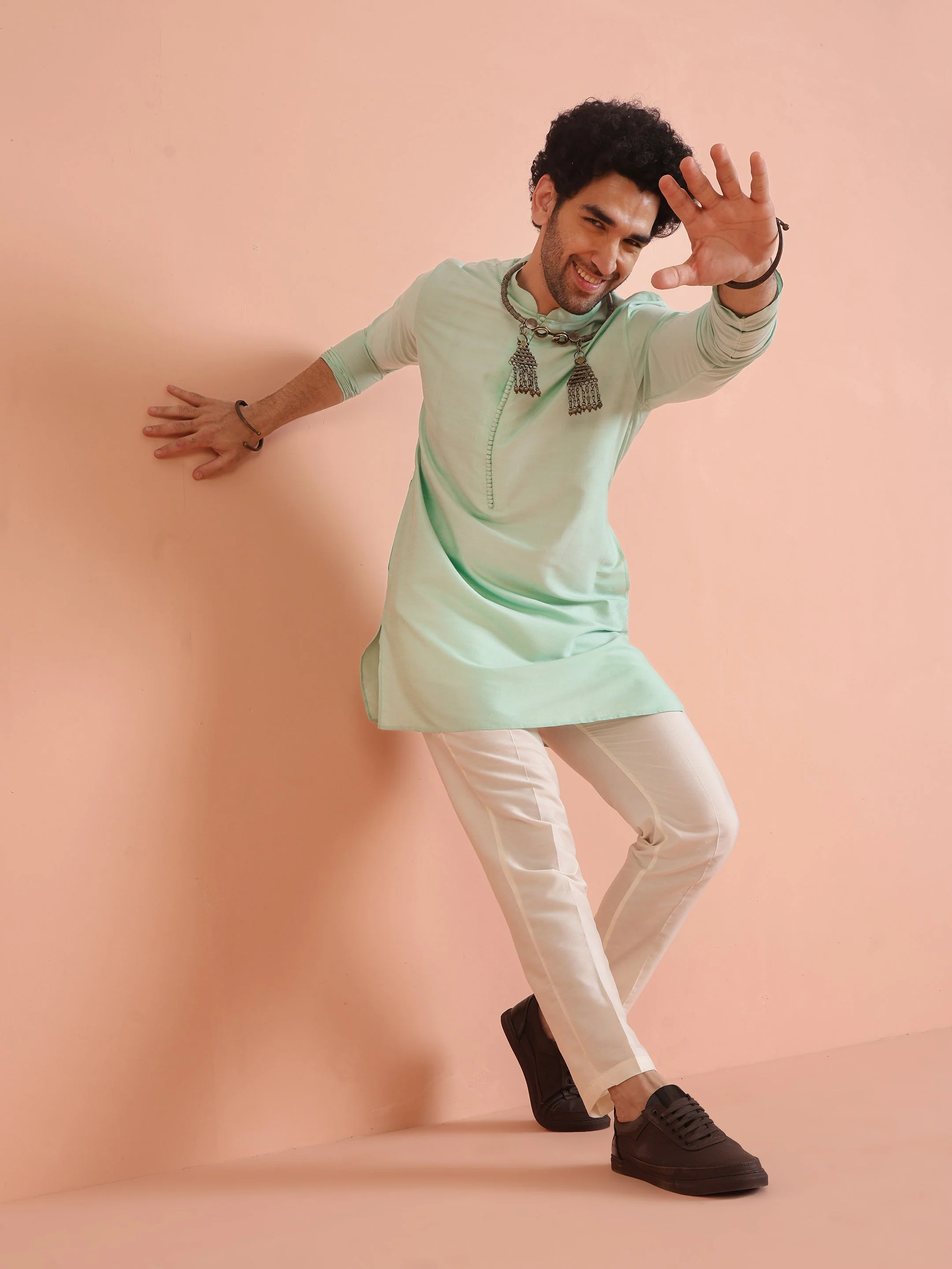 Men Aqua Green Kurta Trouser Set - Image 18