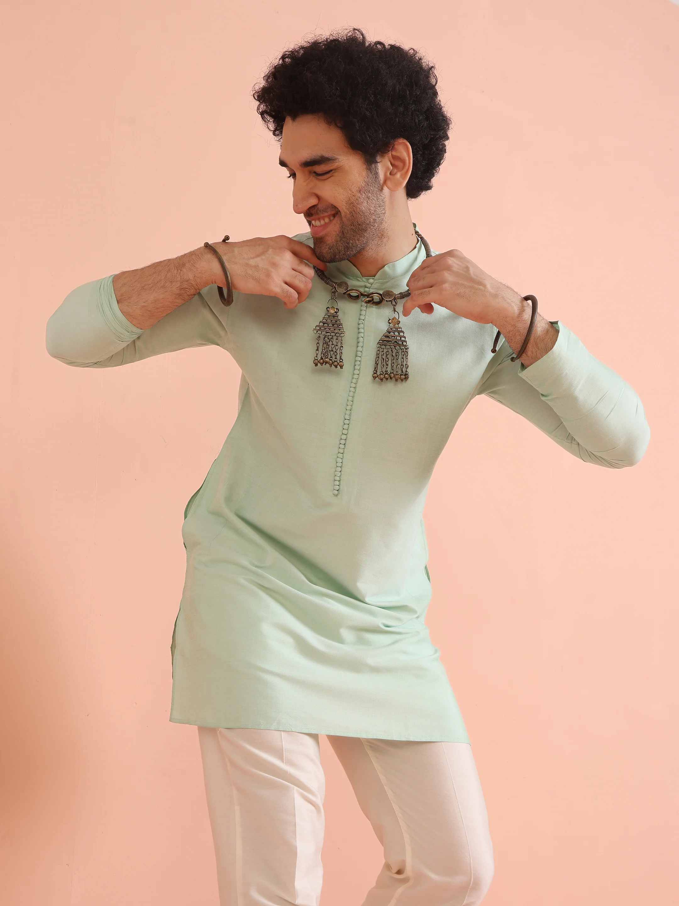 Men Aqua Green Kurta Trouser Set - Image 7