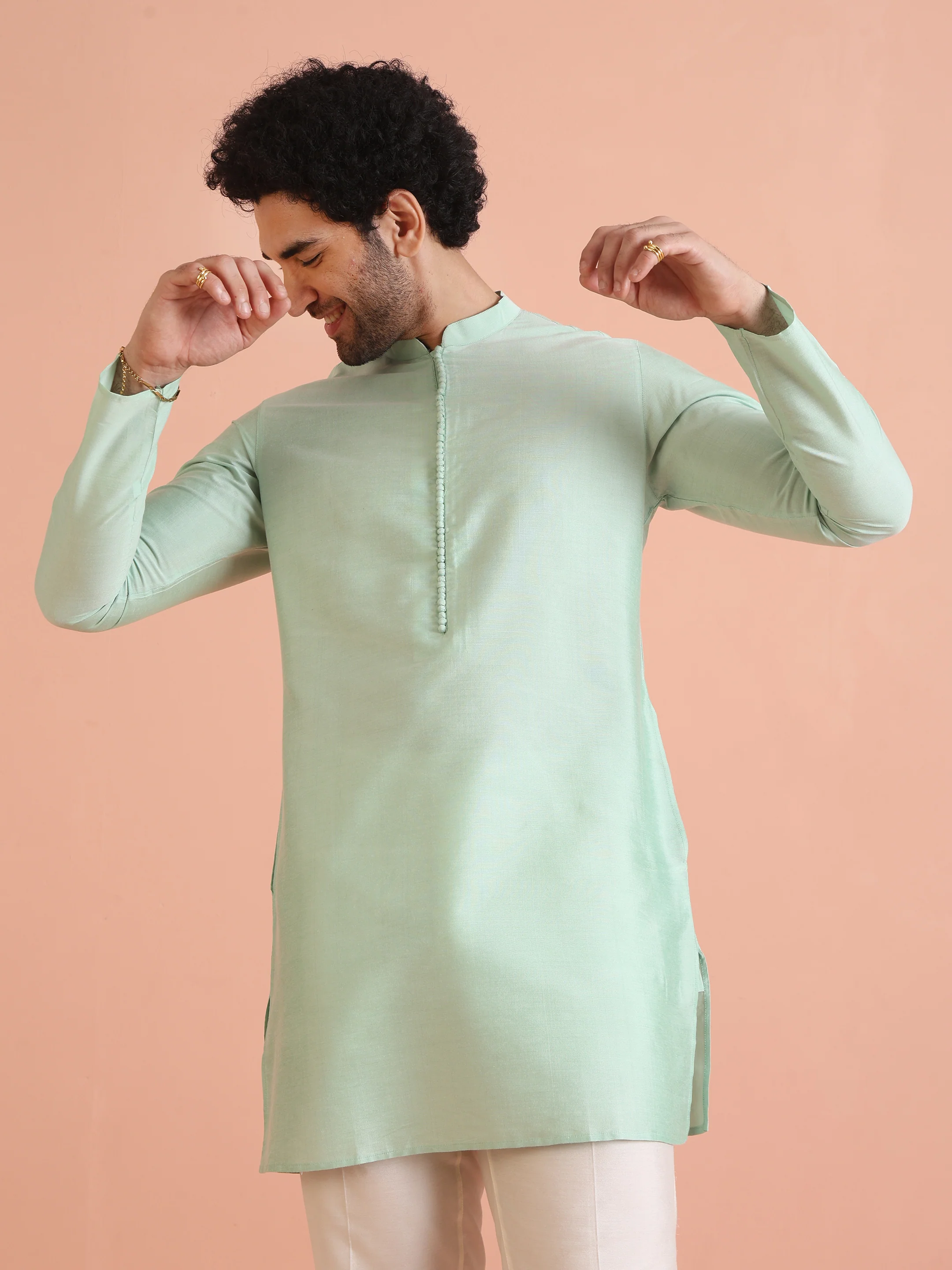 Men Aqua Green Kurta Trouser Set - Image 8