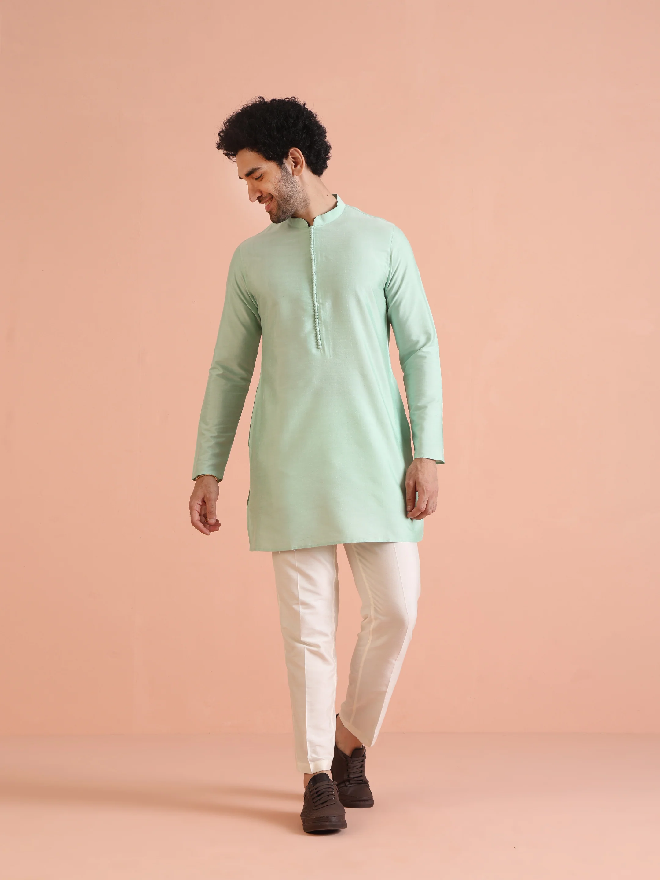 Men Aqua Green Kurta Trouser Set - Image 9