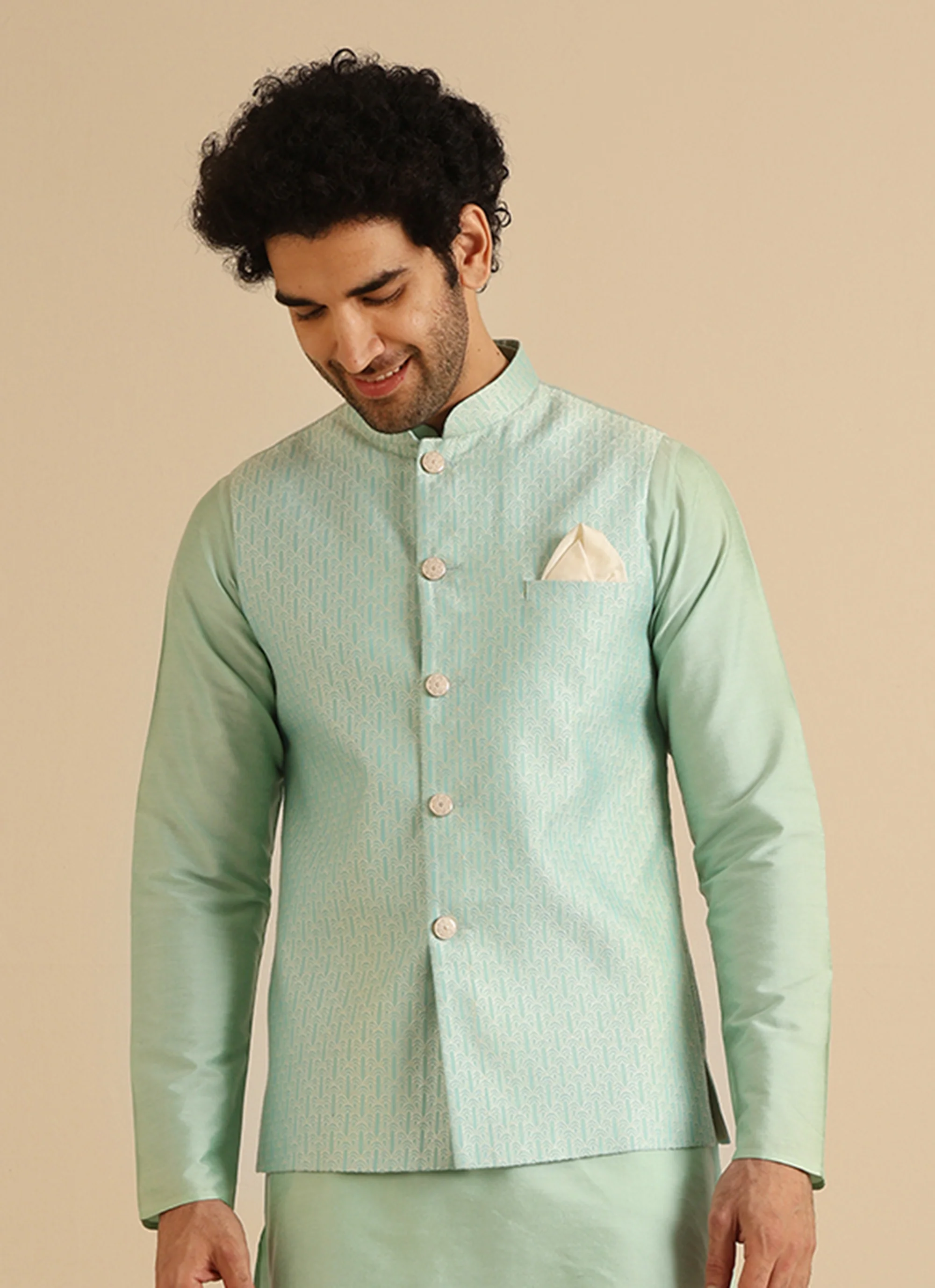Men Green Woven Design Nehru Jacket - Image 2