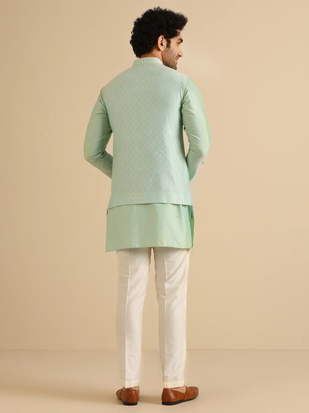 Men Green Woven Design Nehru Jacket - Image 5
