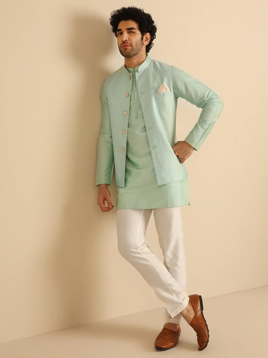 Men Green Woven Design Nehru Jacket - Image 7