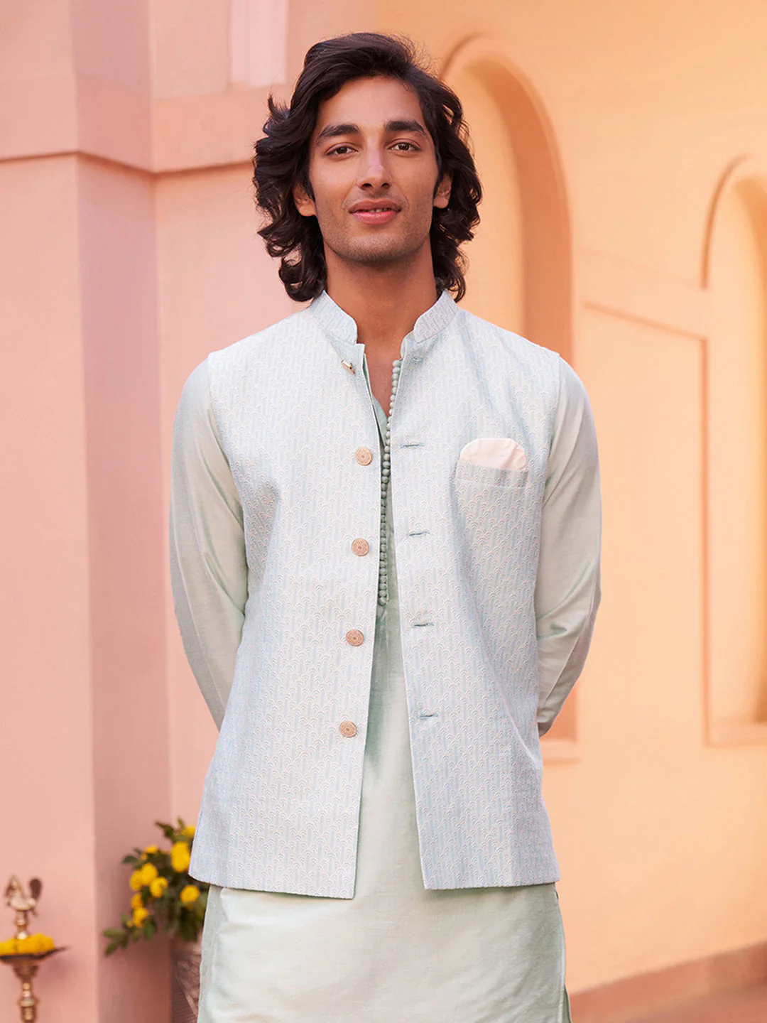 Men Green Woven Design Nehru Jacket - Image 9