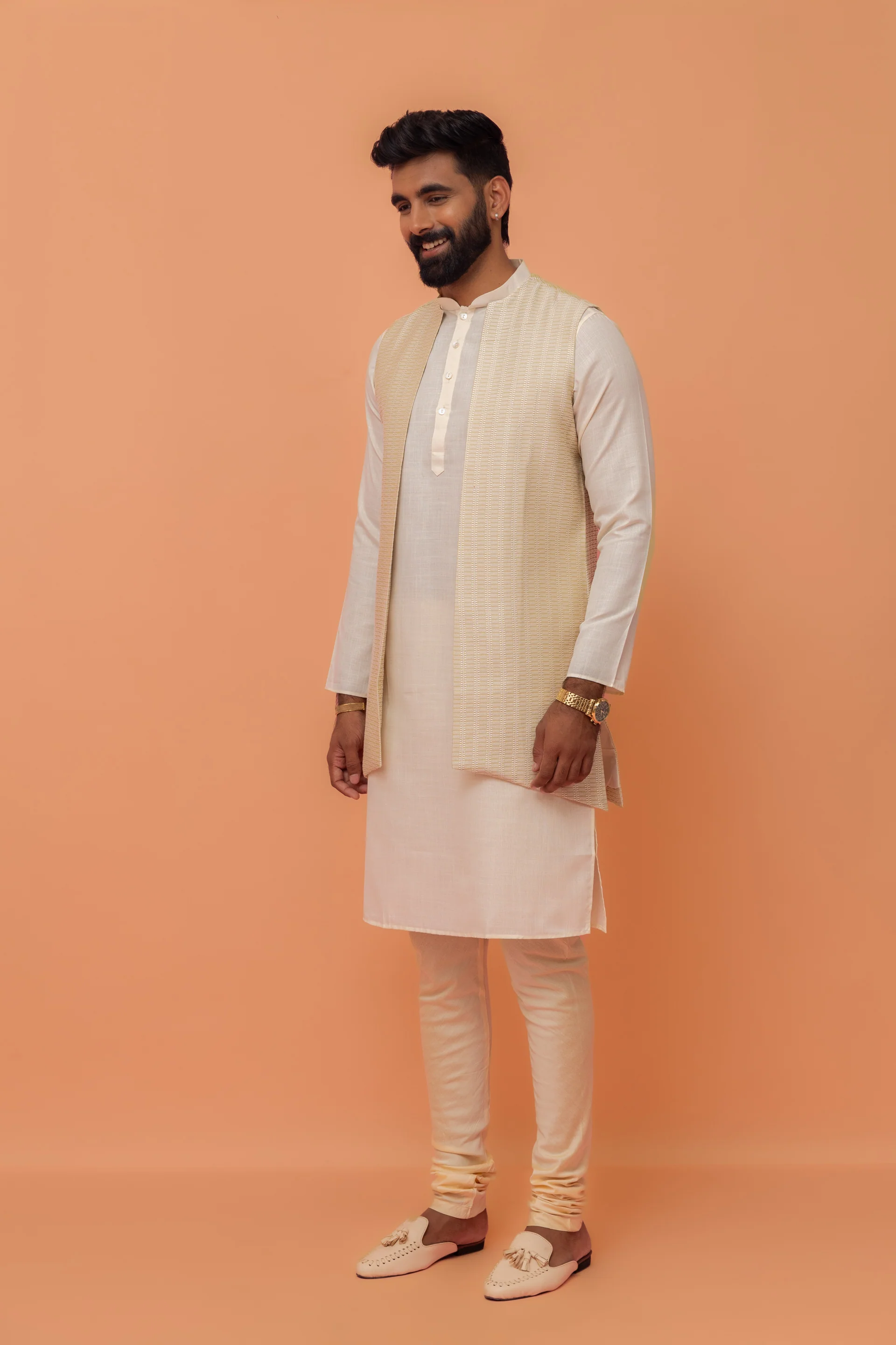 Beige Kurta with Textured Jacket & Churidar - Image 2
