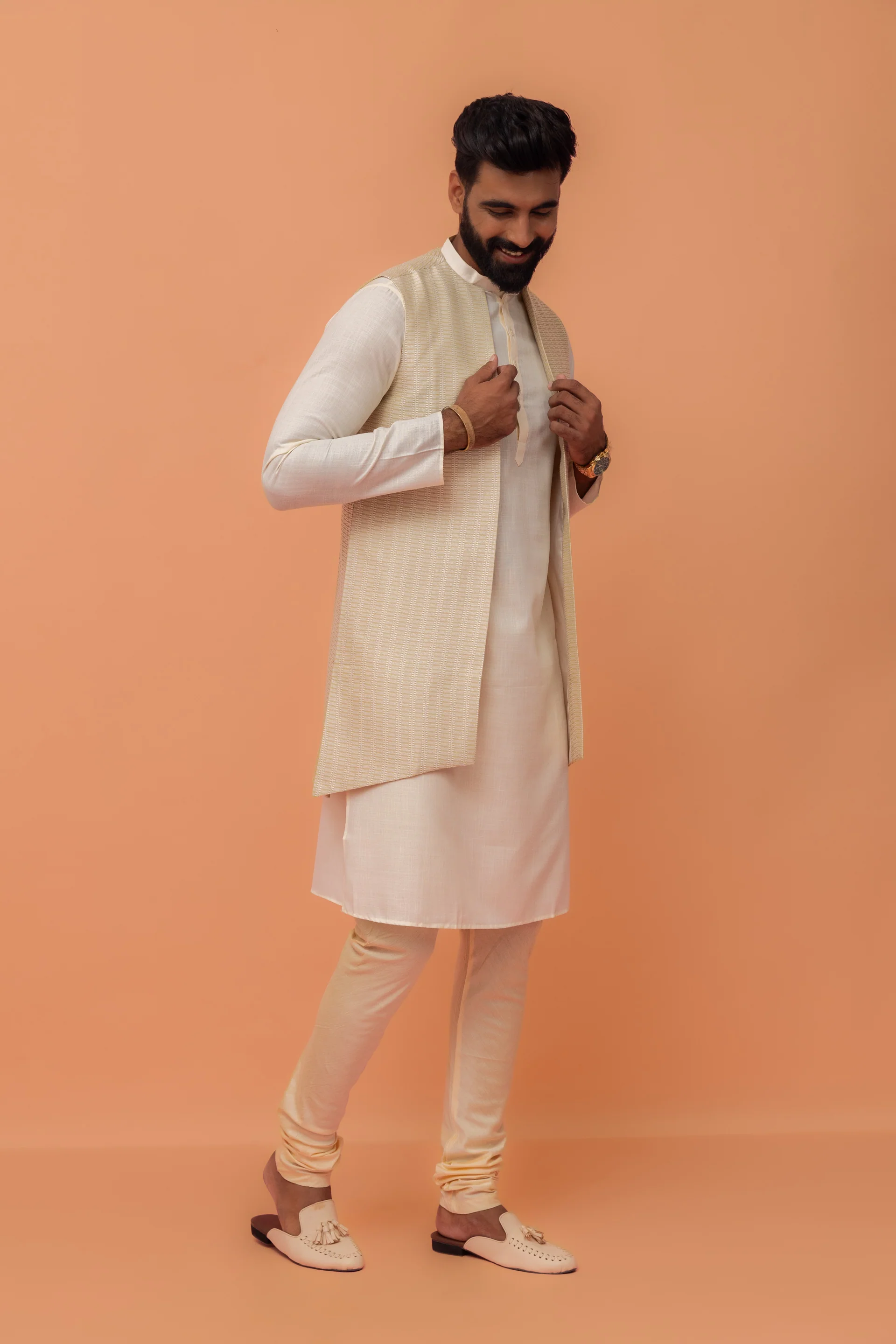 Beige Kurta with Textured Jacket & Churidar - Image 3