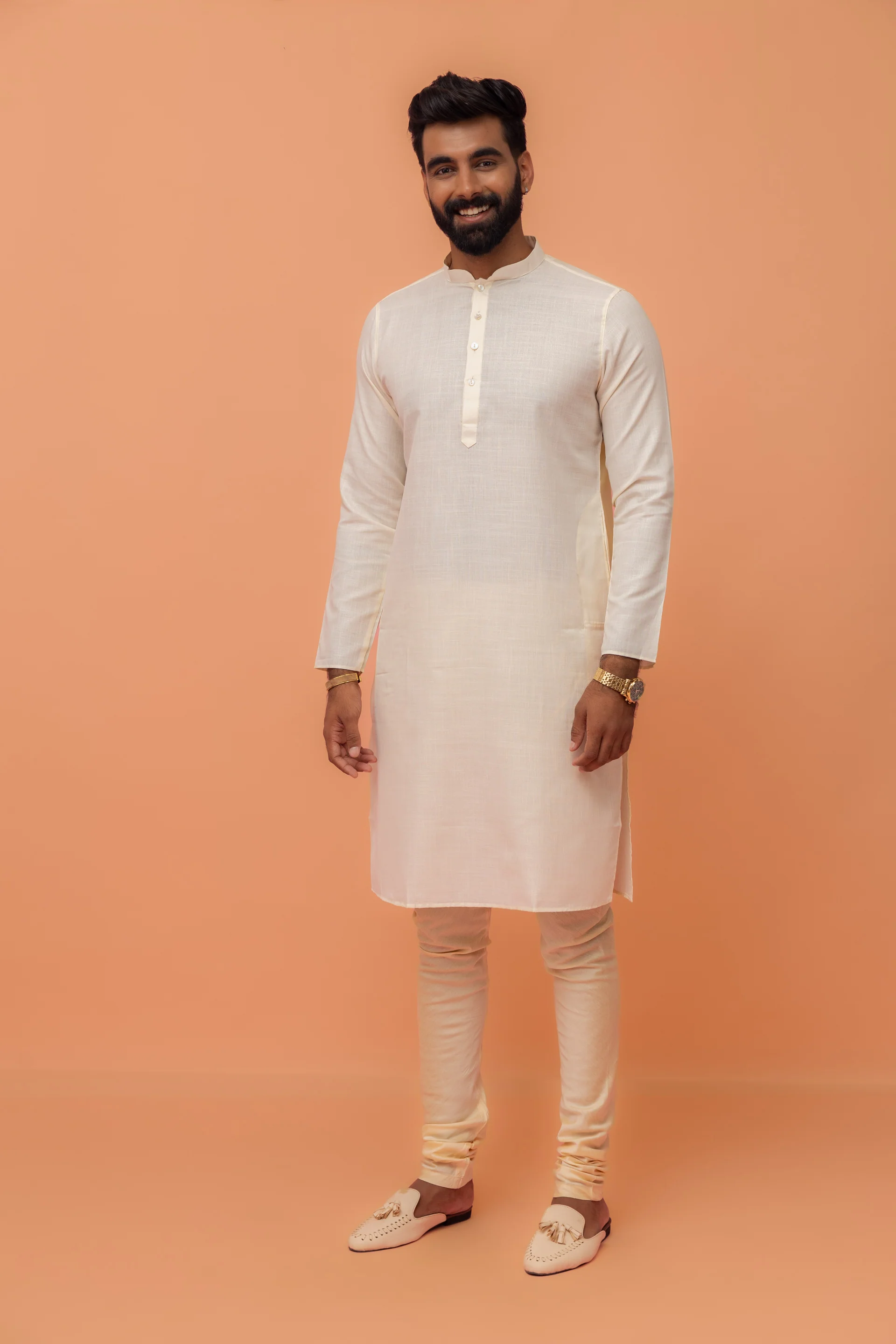 Beige Kurta with Textured Jacket & Churidar - Image 6