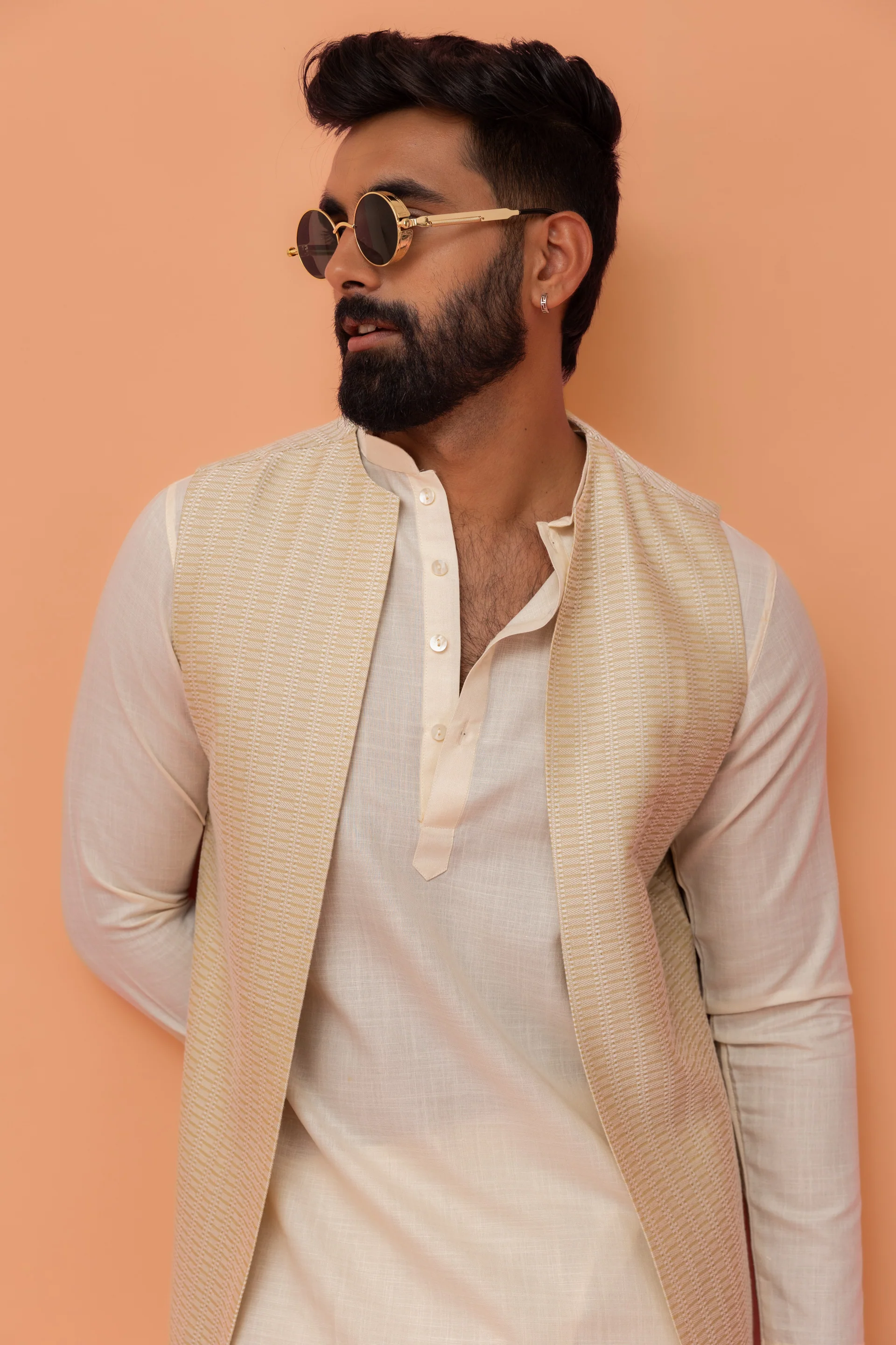 Beige Kurta with Textured Jacket & Churidar - Image 8