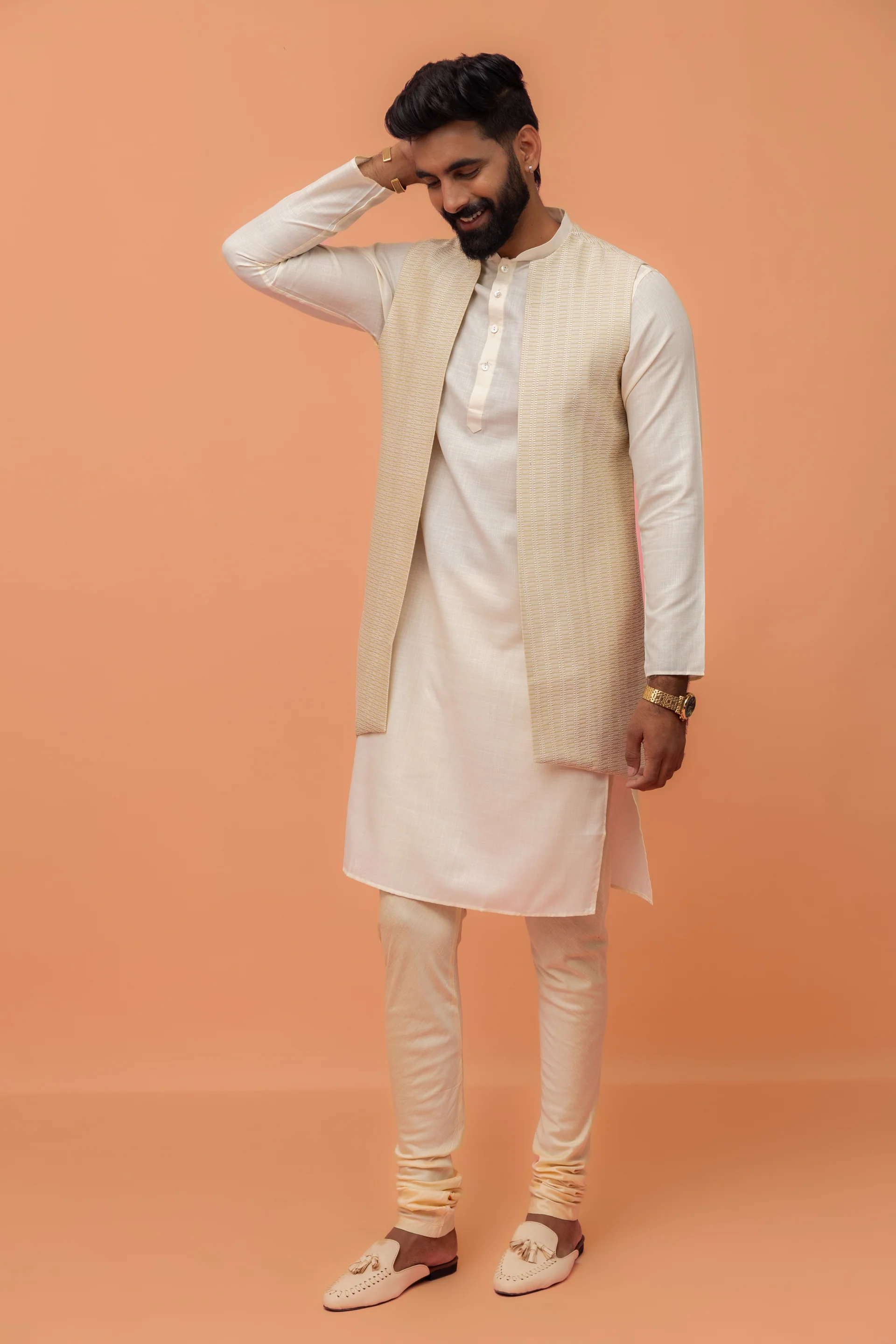 Beige Kurta with Textured Jacket & Churidar - Image 9