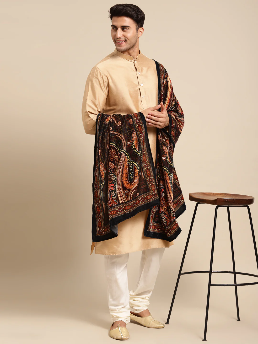 Men Beige Kurta Churidar Dupatta Set - Image 2