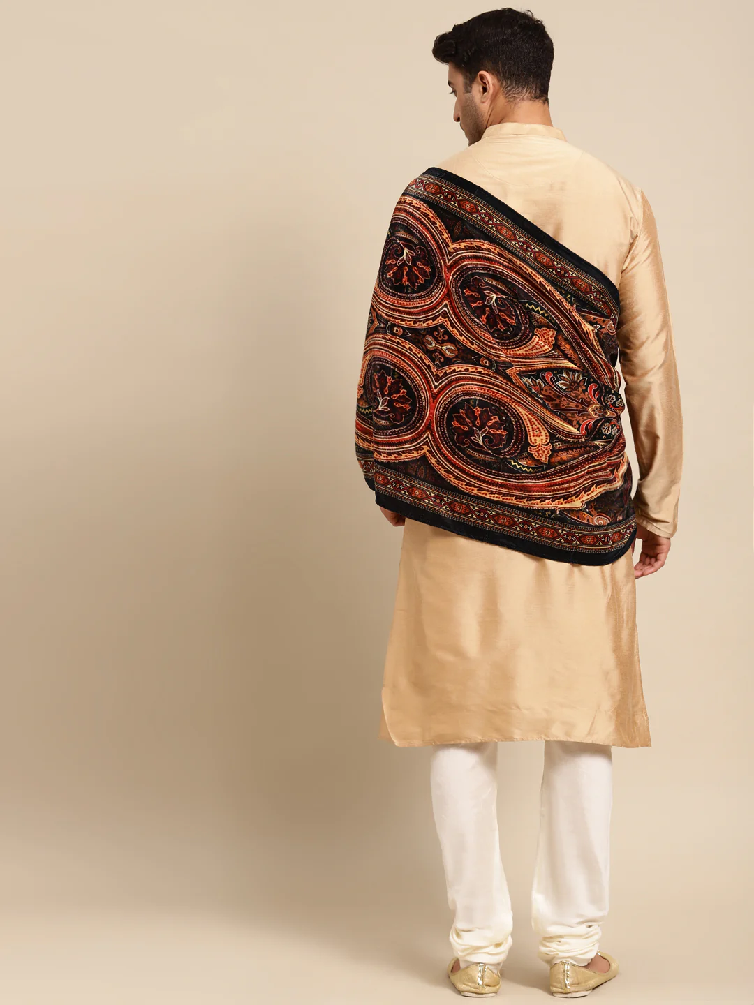 Men Beige Kurta Churidar Dupatta Set - Image 3
