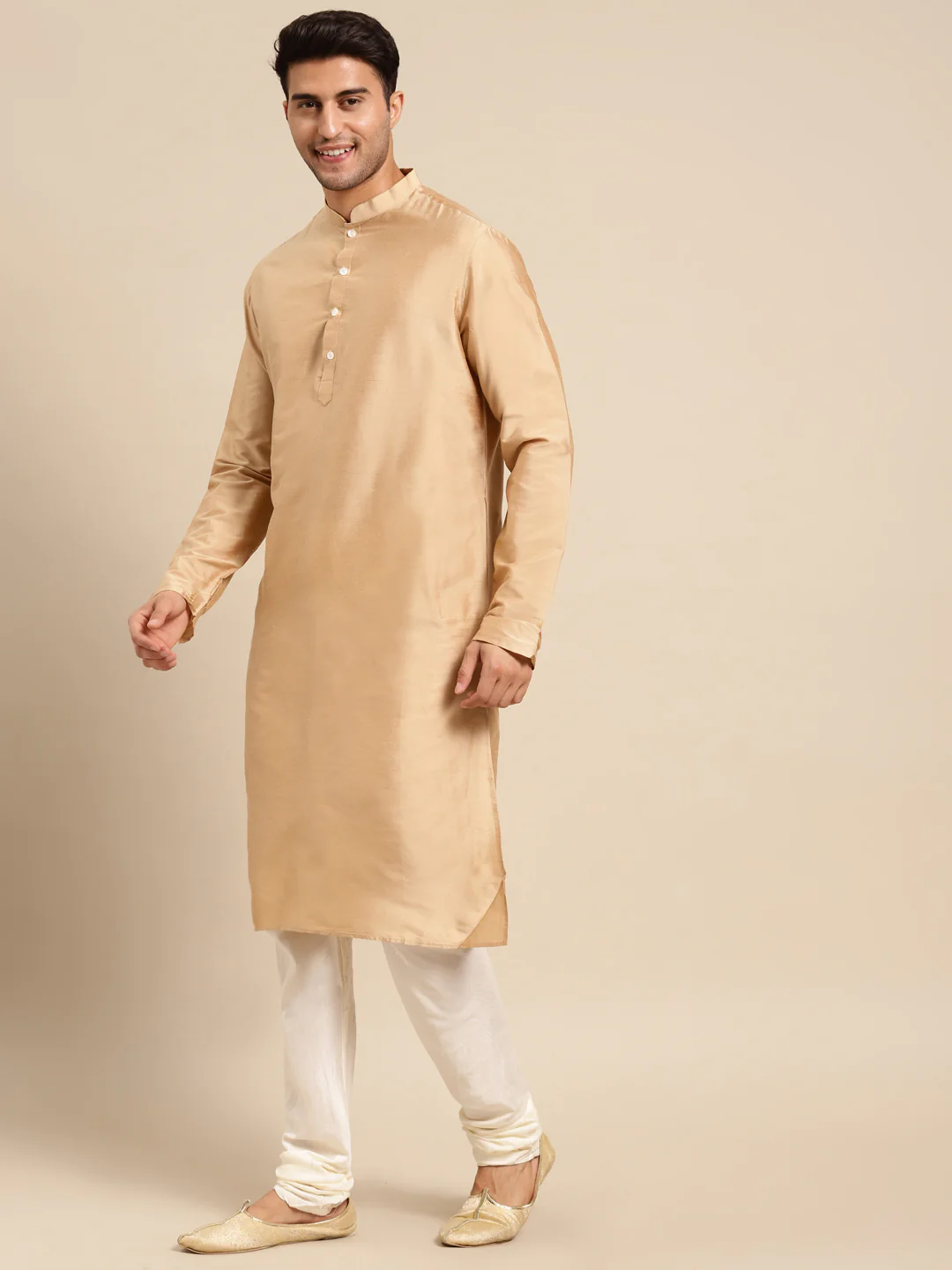 Men Beige Kurta Churidar Dupatta Set - Image 4