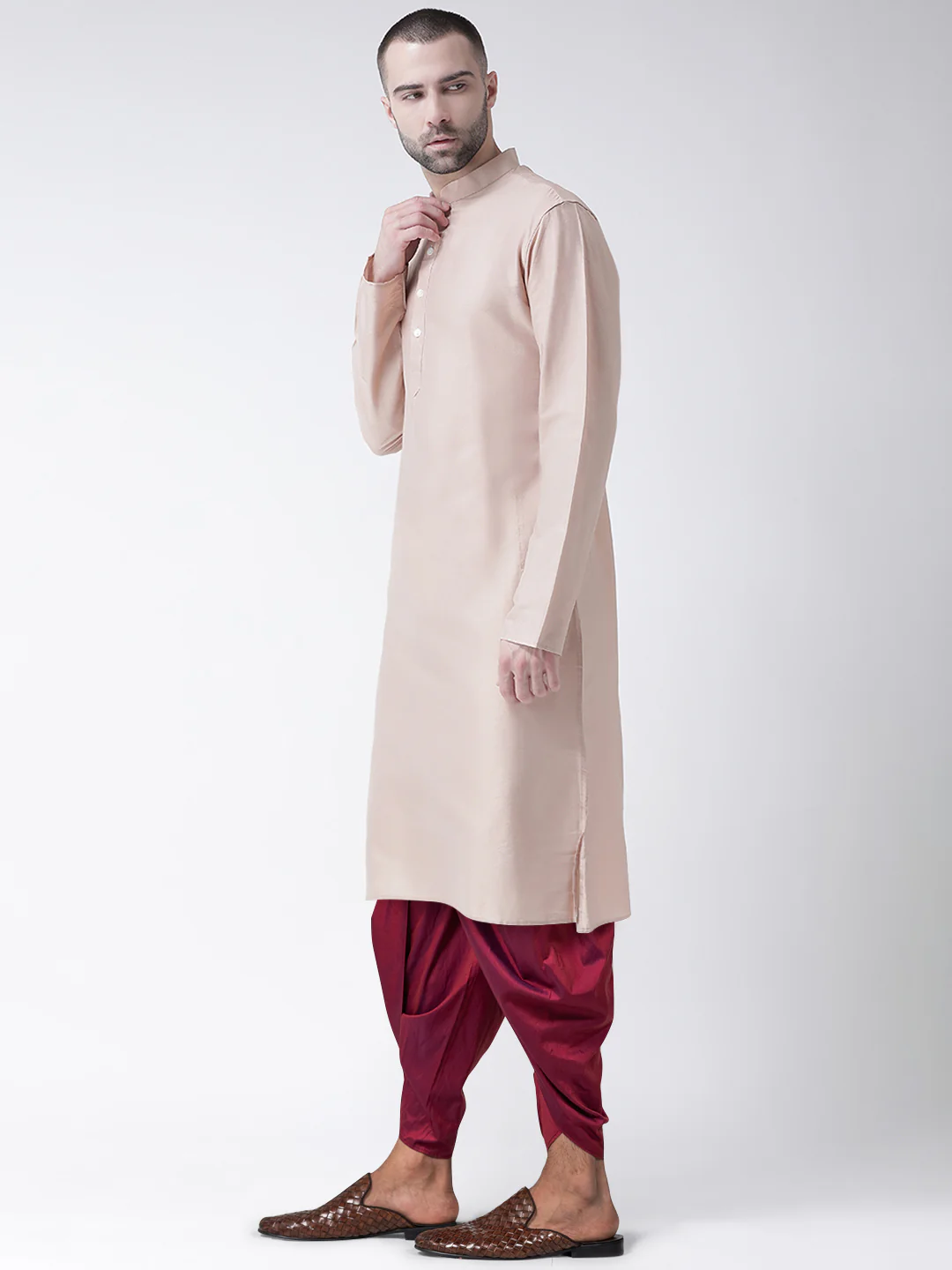 Men Beige Kurta Dhoti Set - Image 2