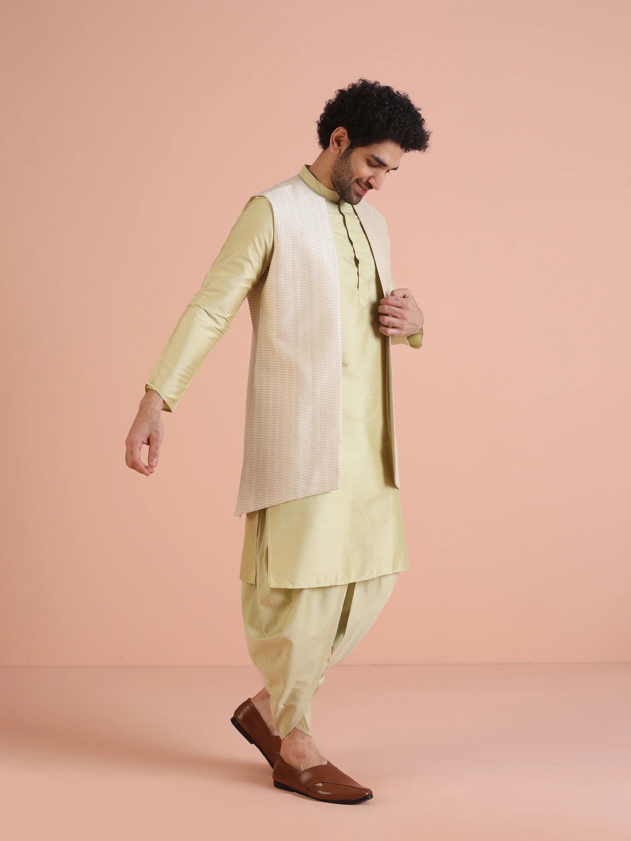 Beige Cotton Silk Textured Nehru Jacket Kurta Dhoti - Image 2