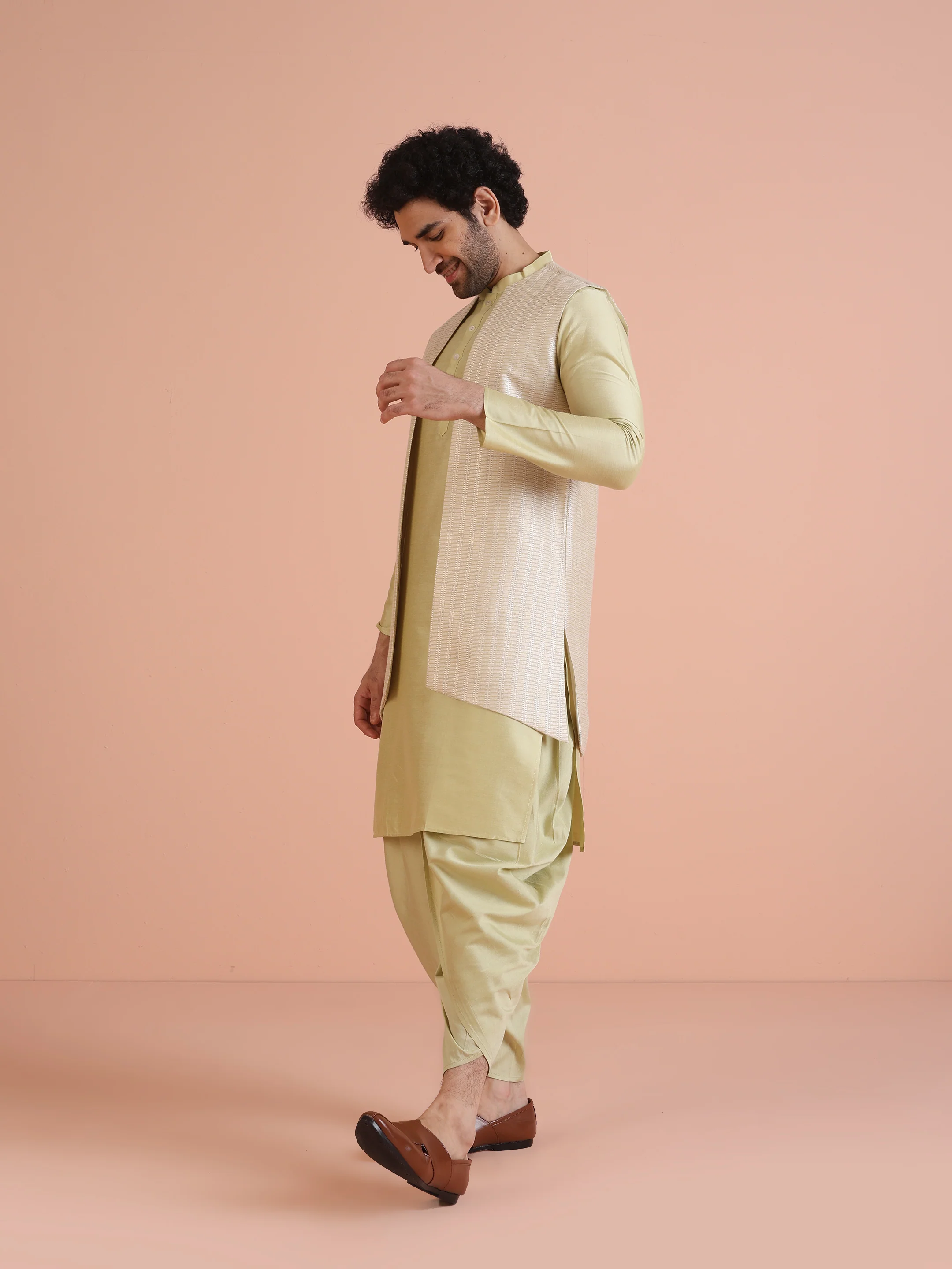 Beige Cotton Silk Textured Nehru Jacket Kurta Dhoti - Image 3