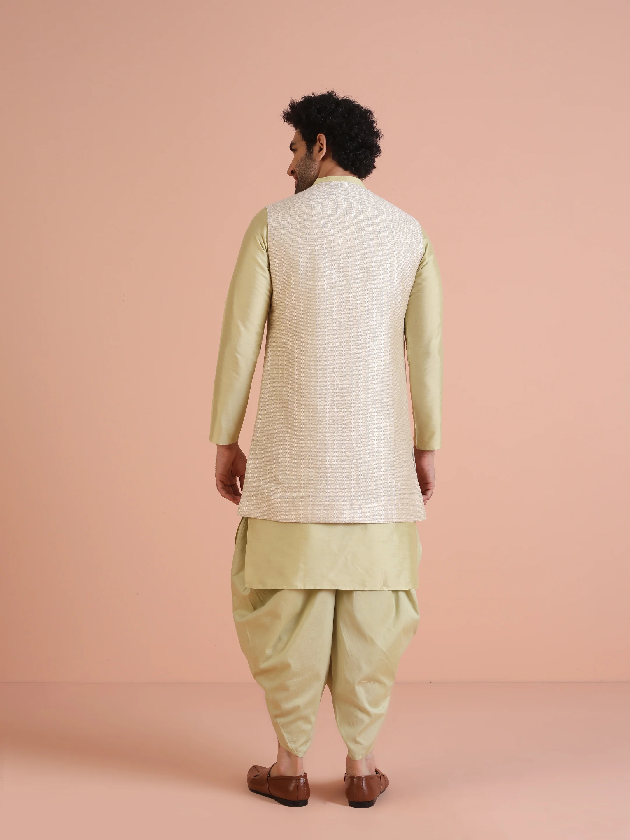 Beige Cotton Silk Textured Nehru Jacket Kurta Dhoti - Image 4