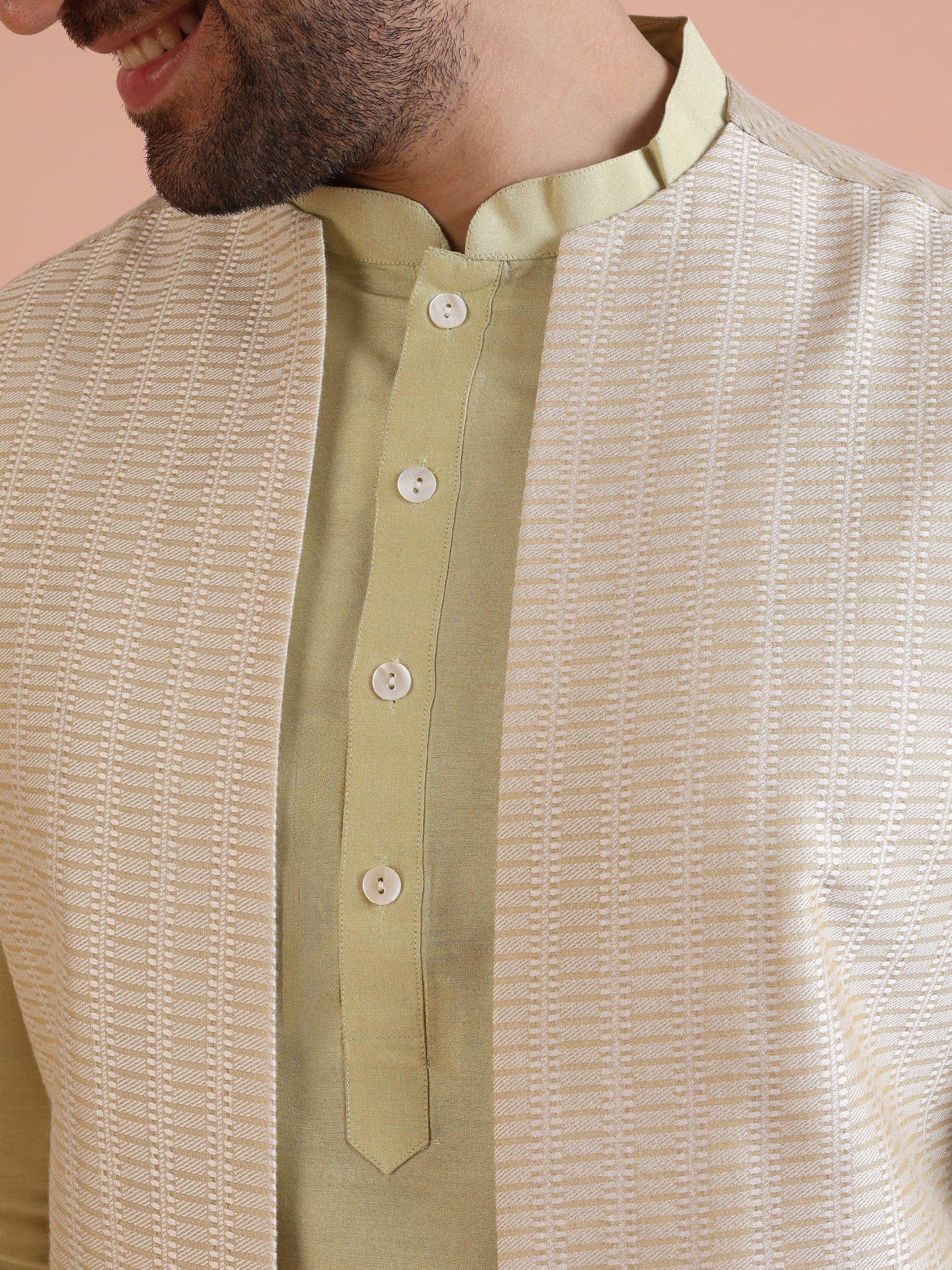 Beige Cotton Silk Textured Nehru Jacket Kurta Dhoti - Image 6