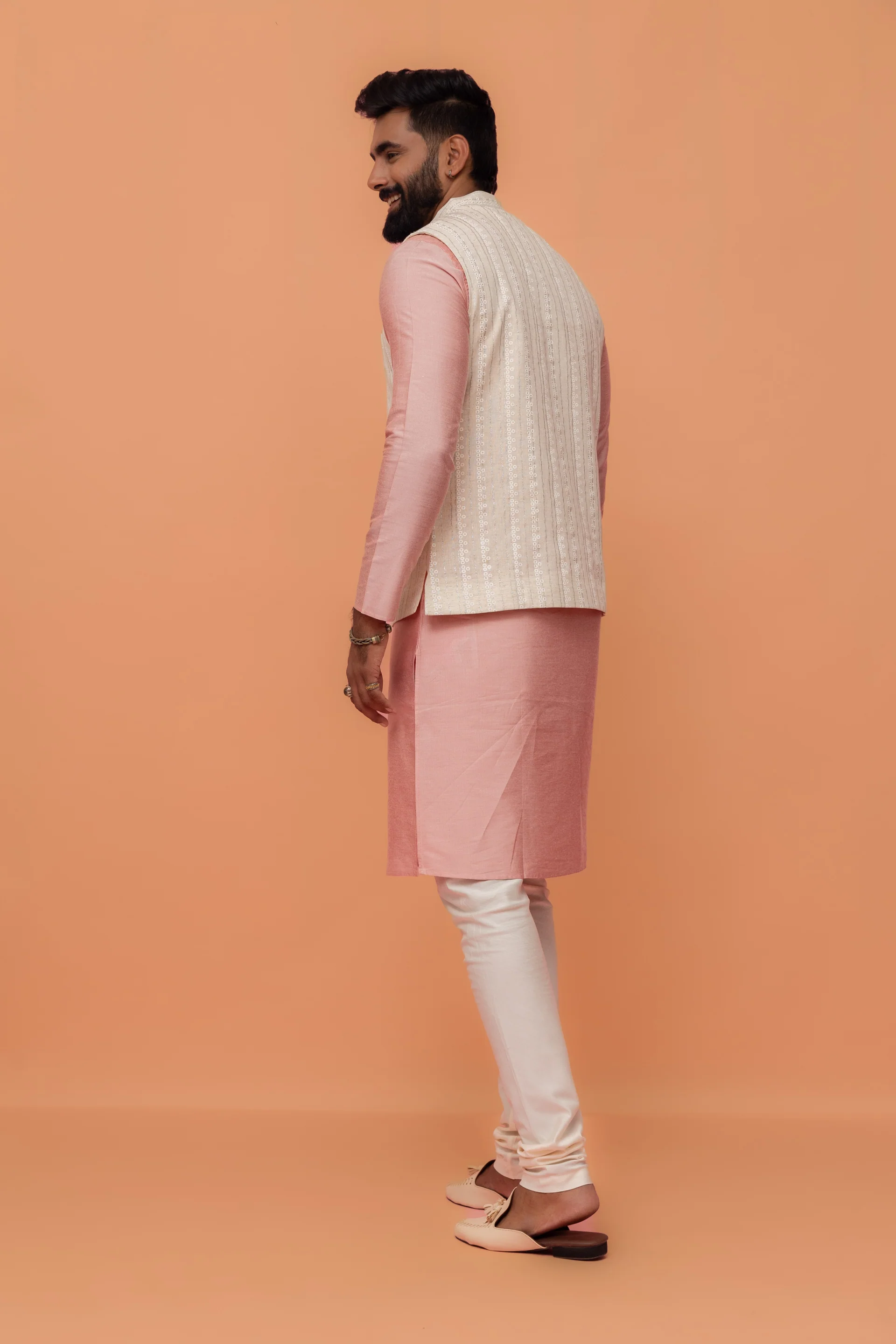 Pink Silk Blend Kurta Churidar with Textured Jacket - Image 4