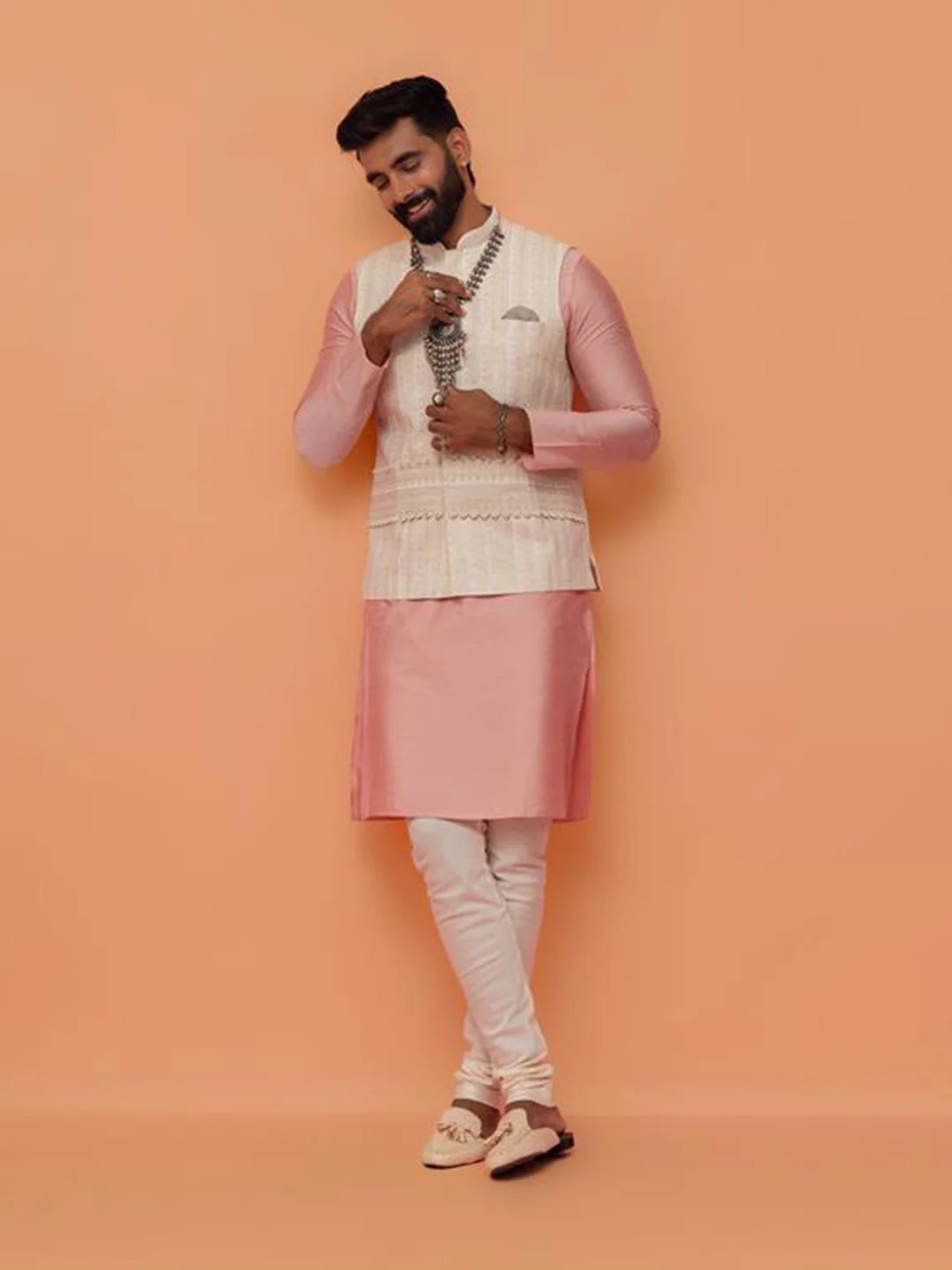 Pink Silk Blend Kurta Churidar with Textured Jacket - Image 9