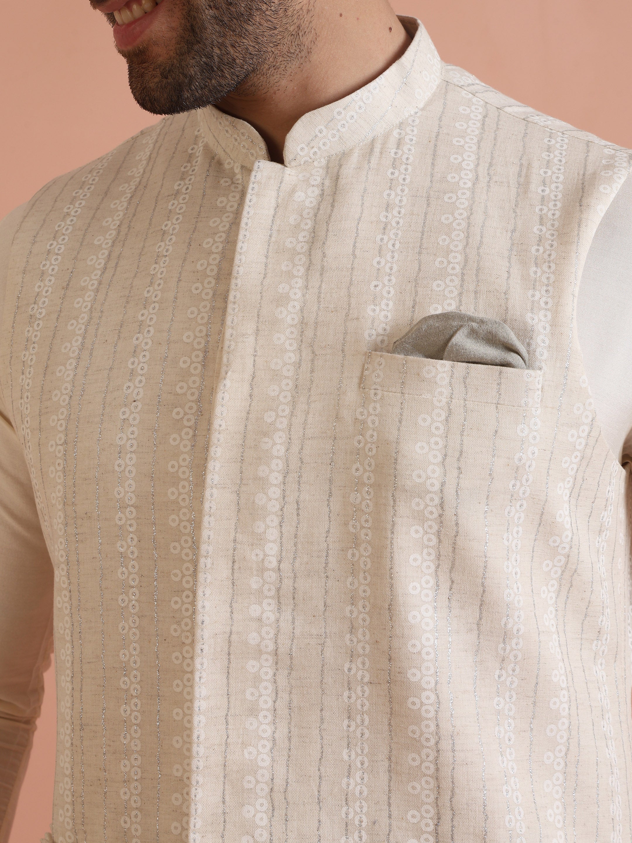Beige Silk Blend Textured Embroidered Jacket Set with Kurta & Churidar - Image 5