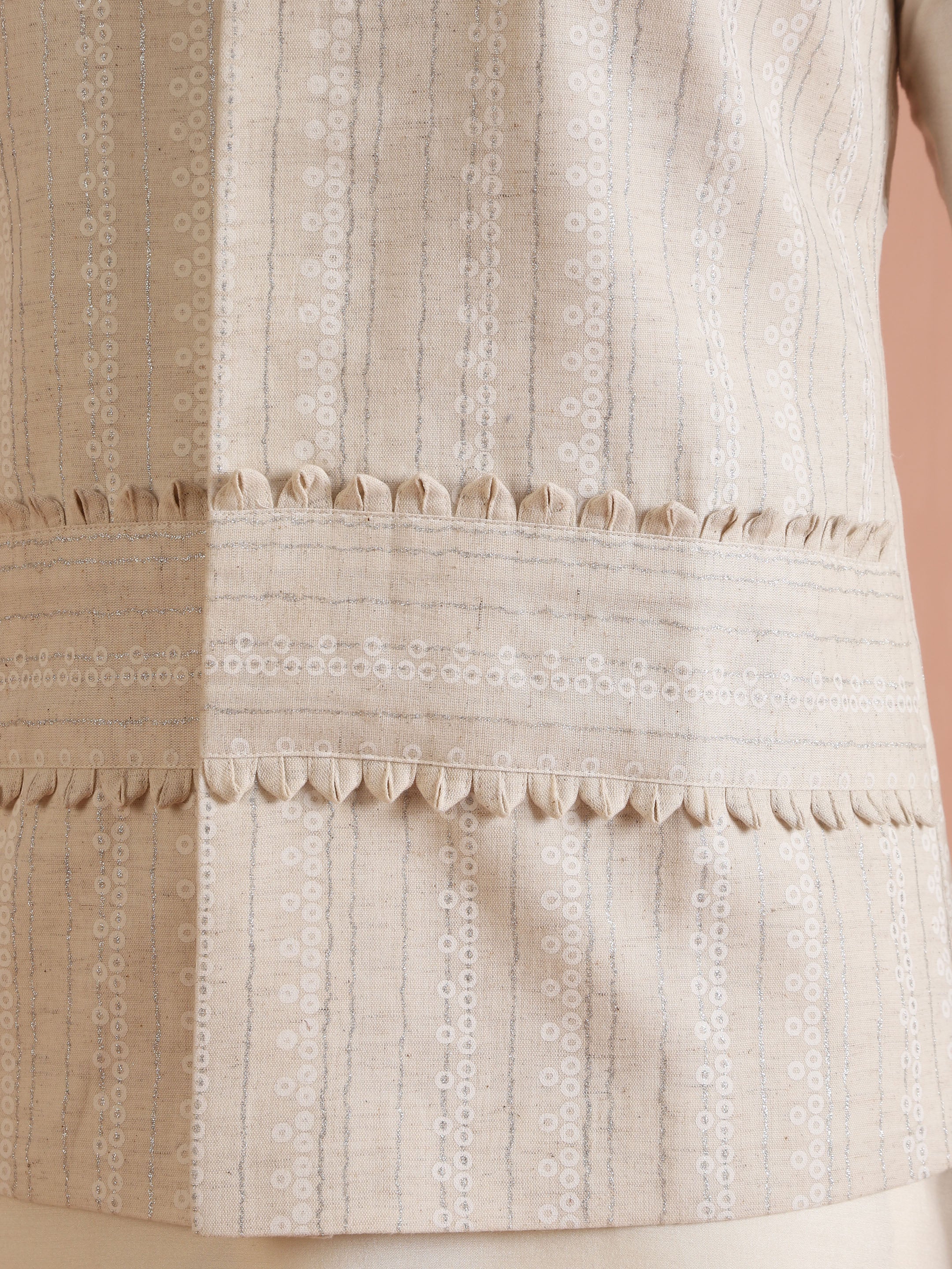 Beige Silk Blend Textured Embroidered Jacket Set with Kurta & Churidar - Image 6