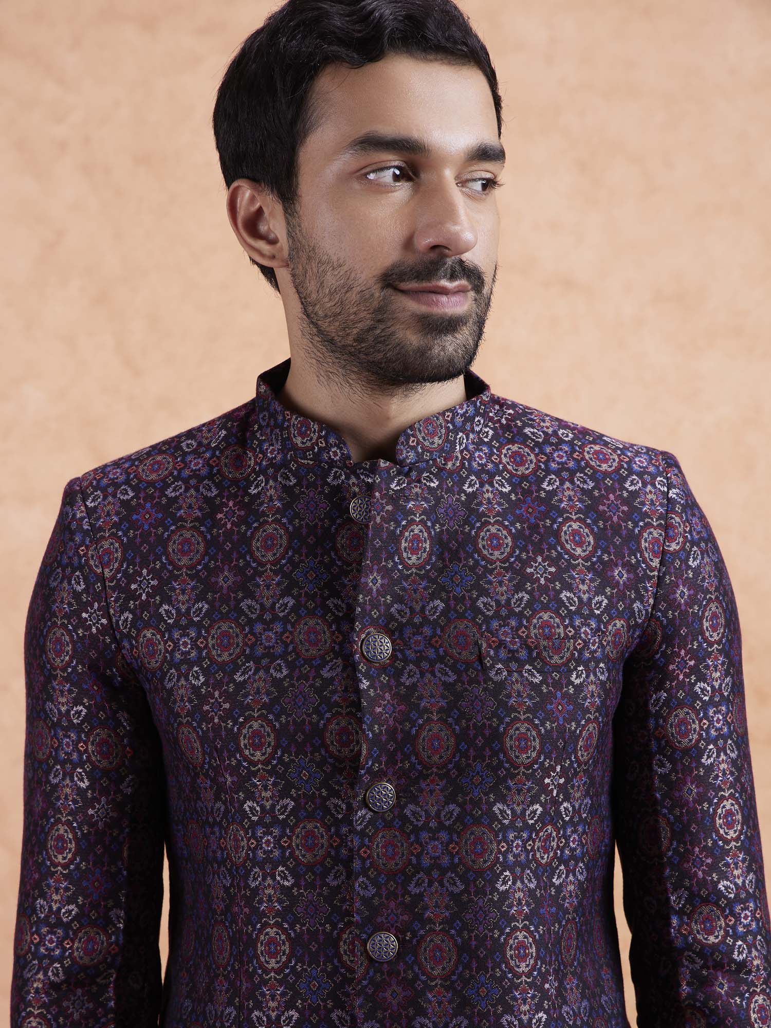 Multi Color Silk Blend Geometric Jodhpuri Bandhgala - Image 2