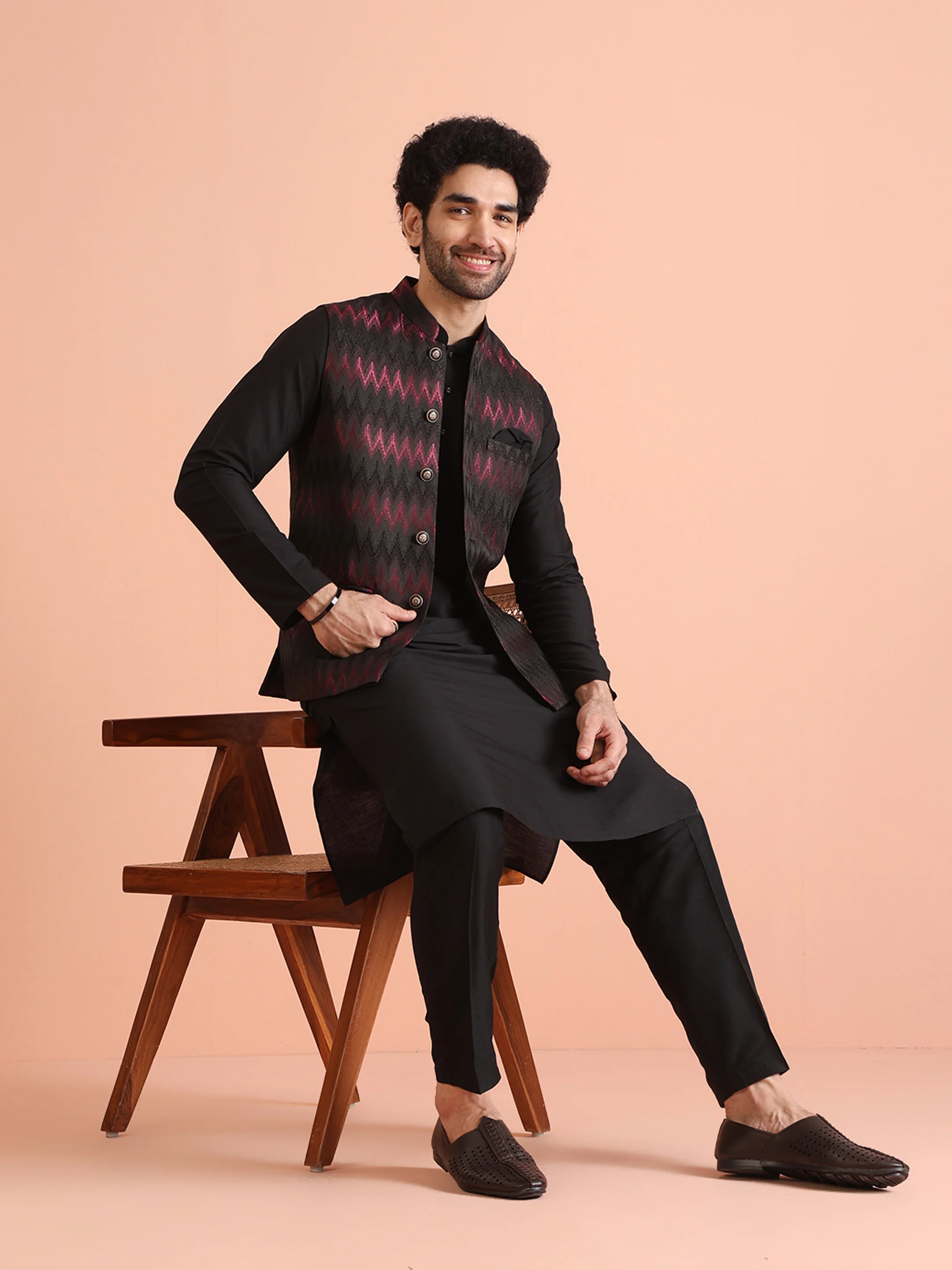 Black Cotton Silk Chevron Nehru Jacket Kurta Trouser