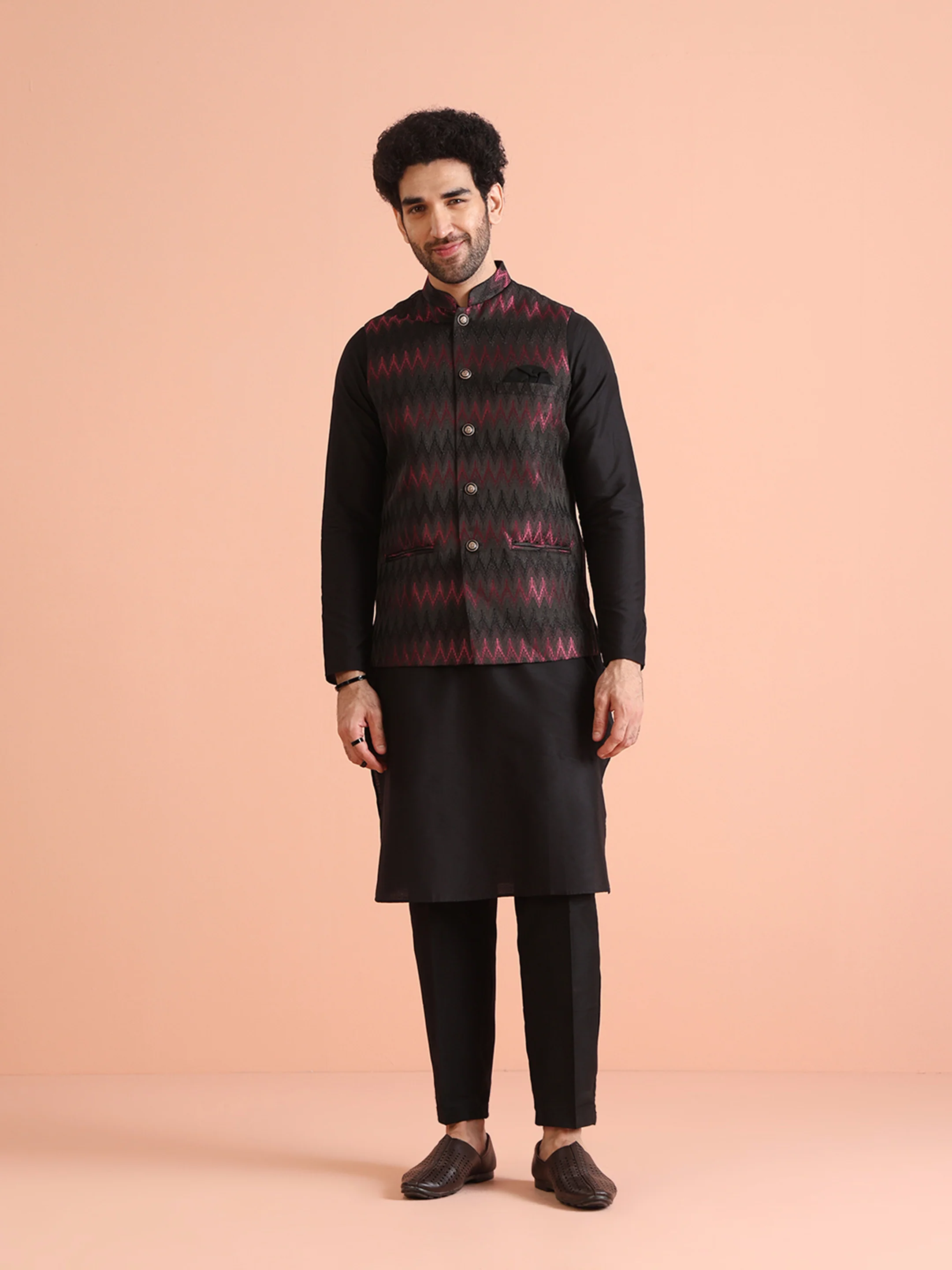 Black Cotton Silk Chevron Nehru Jacket Kurta Trouser - Image 2