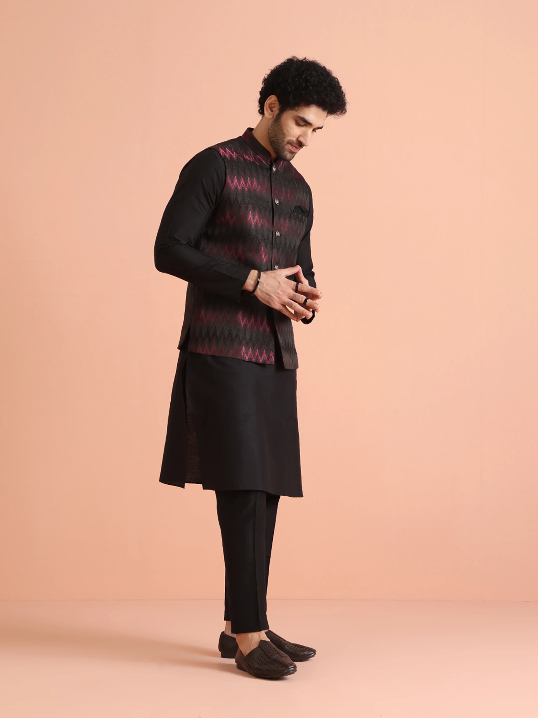 Black Cotton Silk Chevron Nehru Jacket Kurta Trouser - Image 3