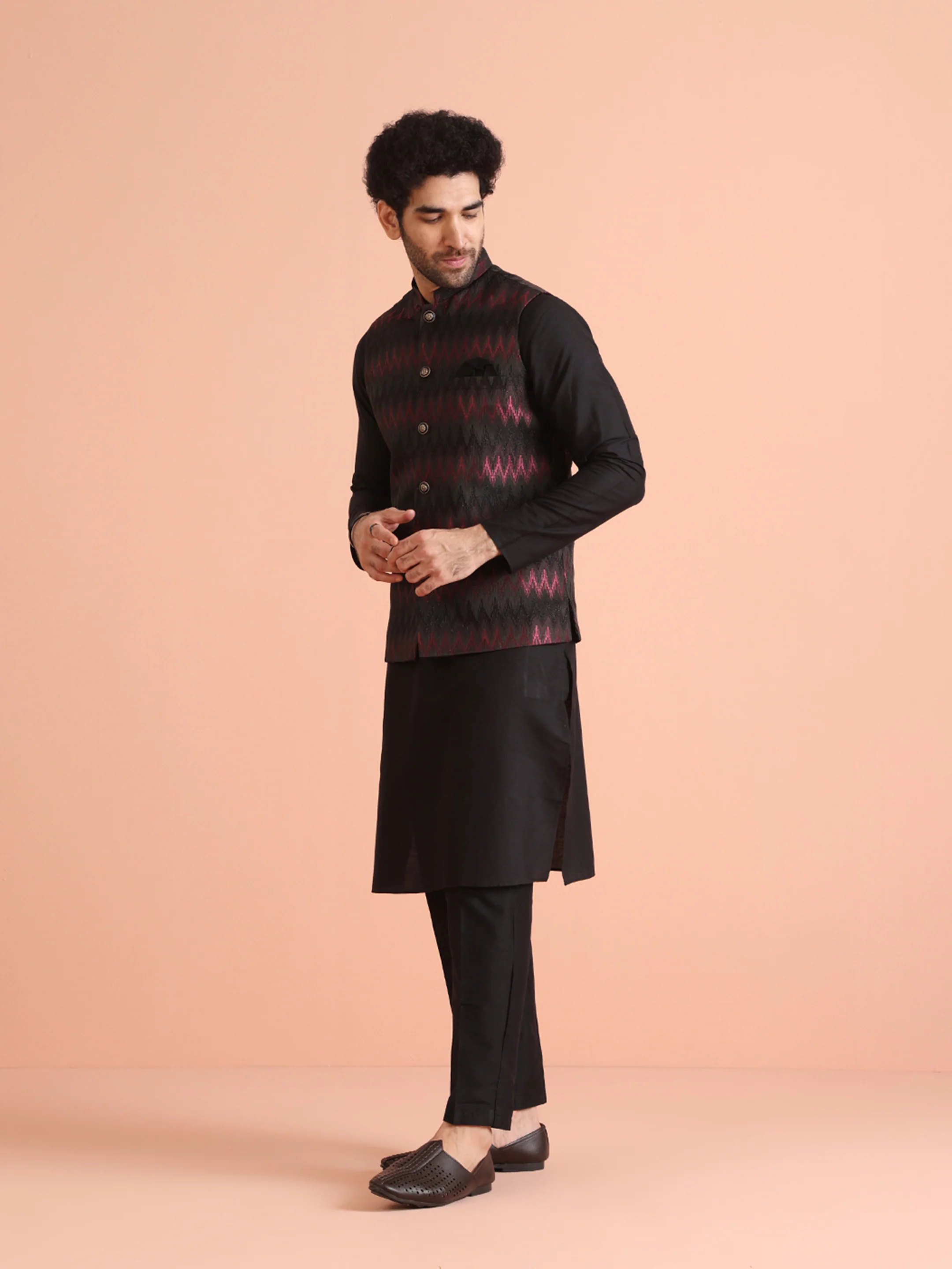 Black Cotton Silk Chevron Nehru Jacket Kurta Trouser - Image 4