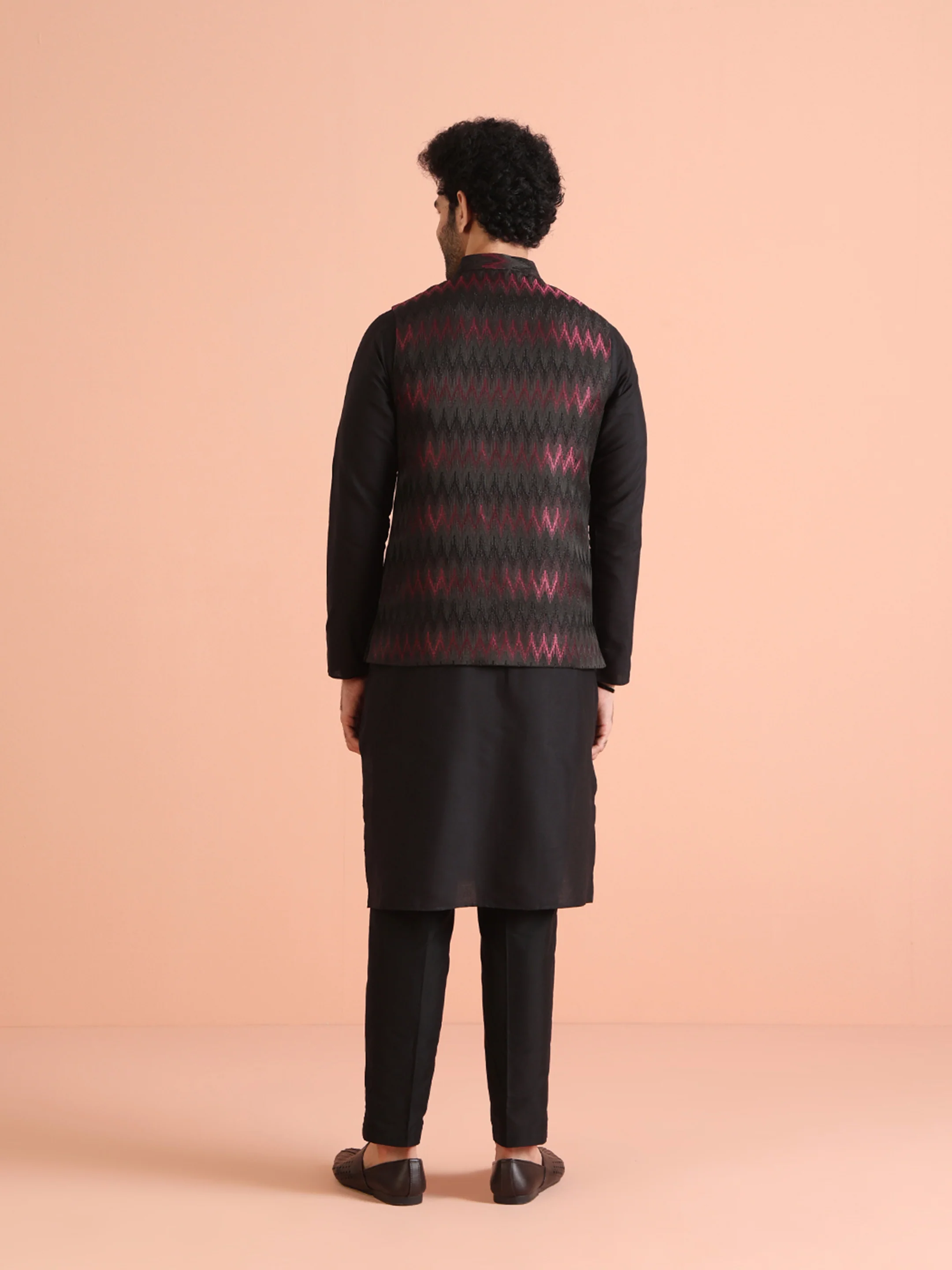 Black Cotton Silk Chevron Nehru Jacket Kurta Trouser - Image 5