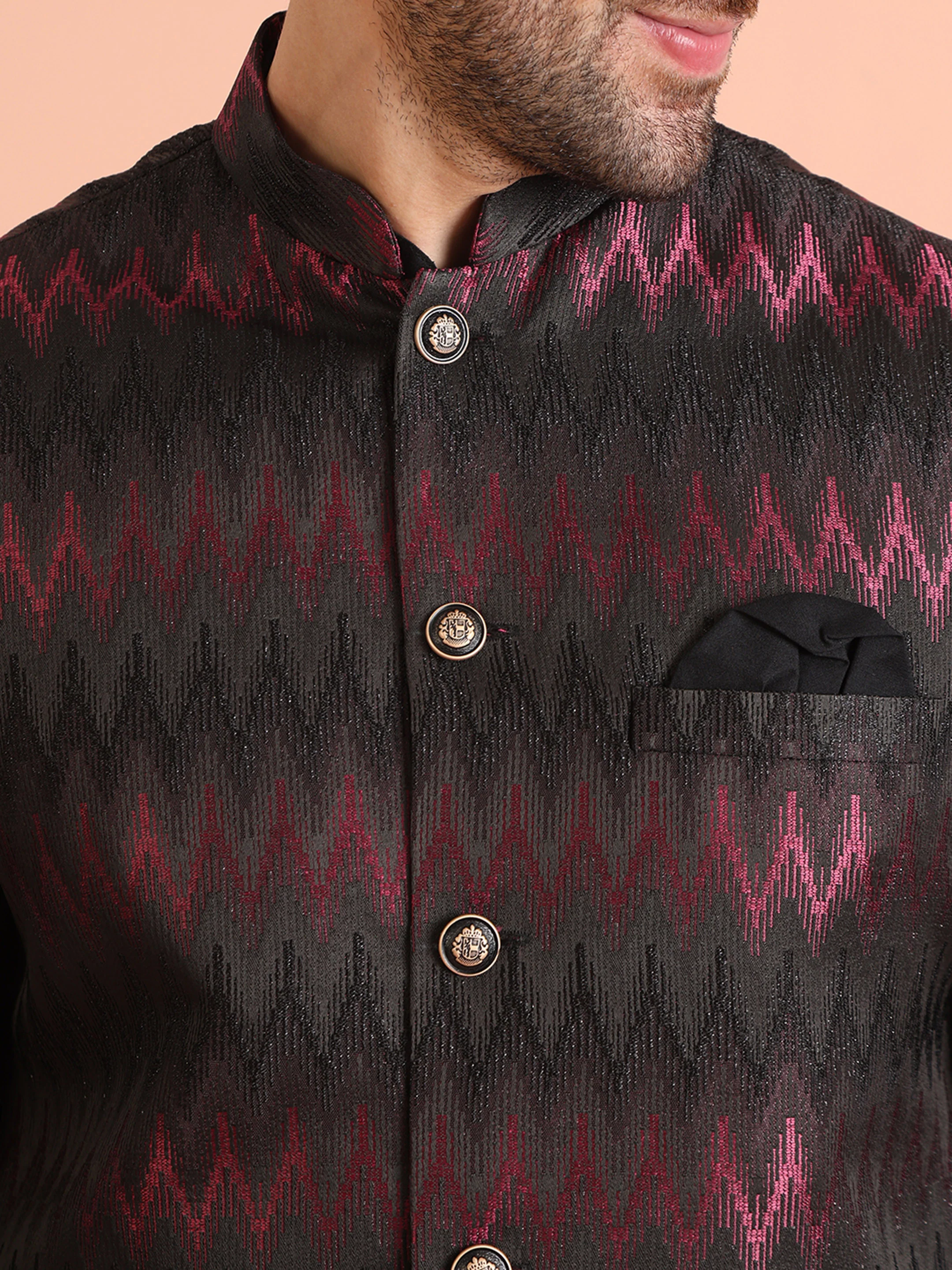 Black Cotton Silk Chevron Nehru Jacket Kurta Trouser - Image 7