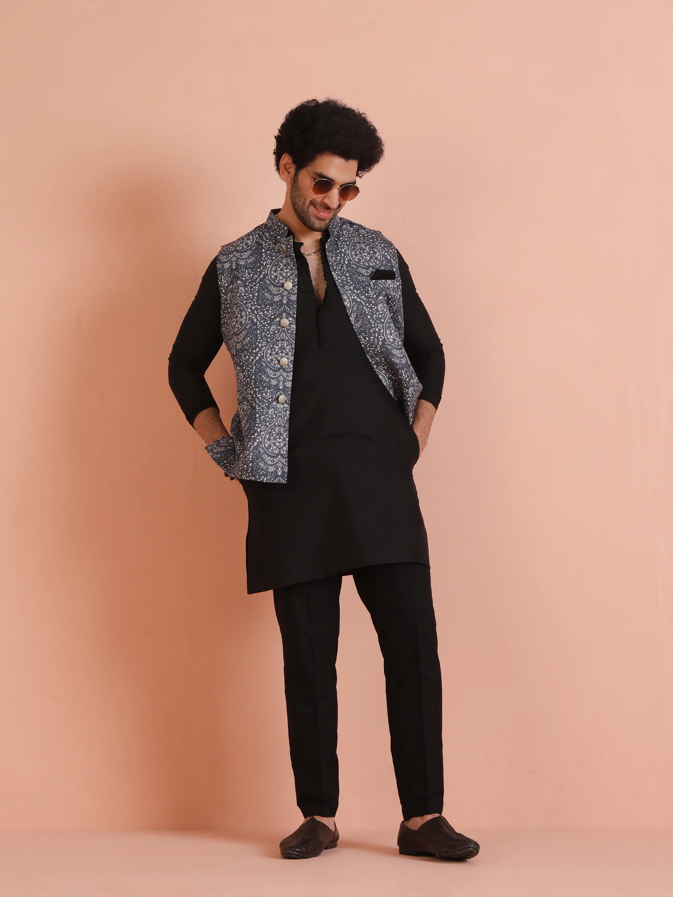 Slate Blue Printed Jacket Black Kurta Set - Image 2