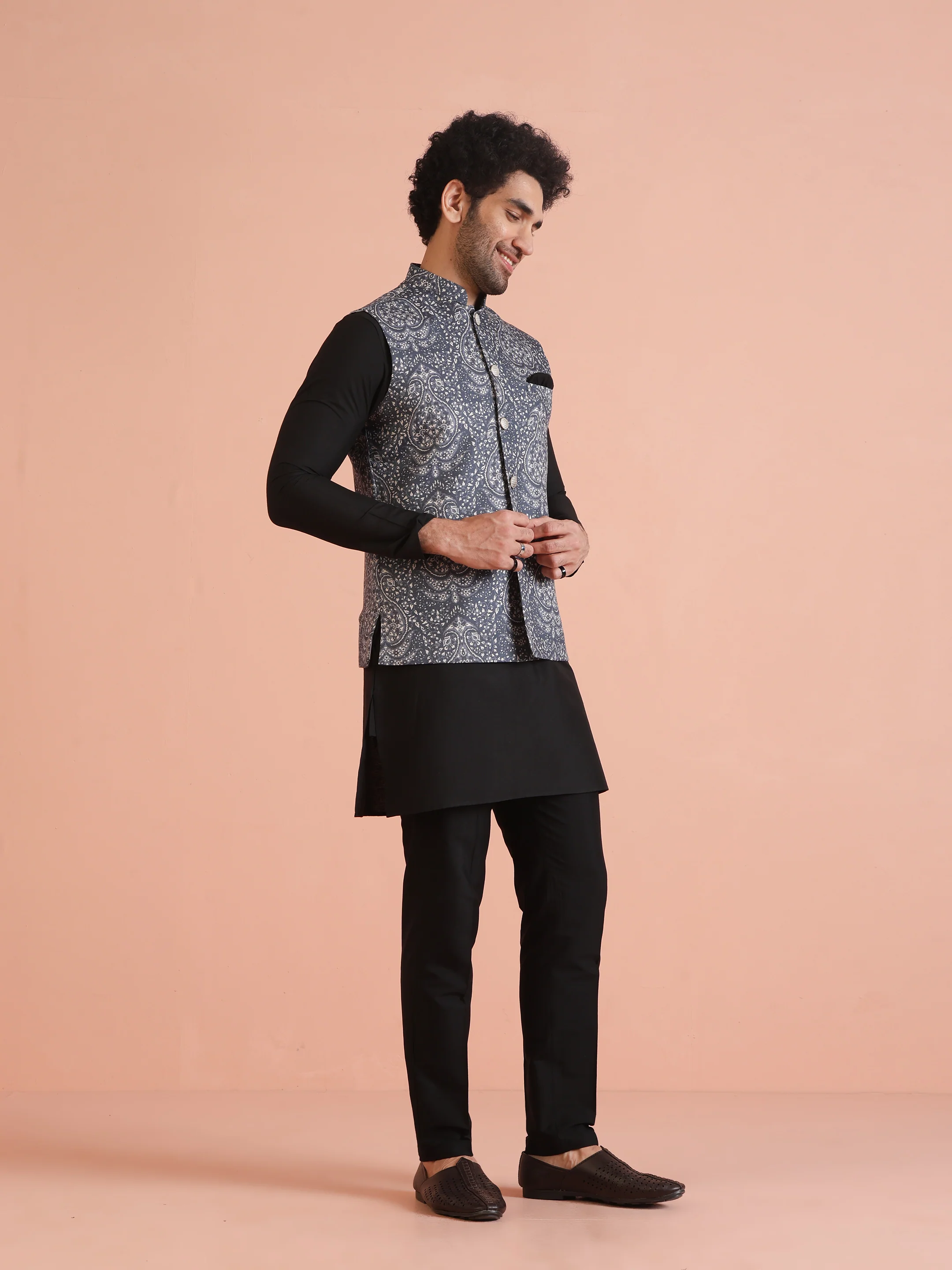 Slate Blue Printed Jacket Black Kurta Set - Image 4