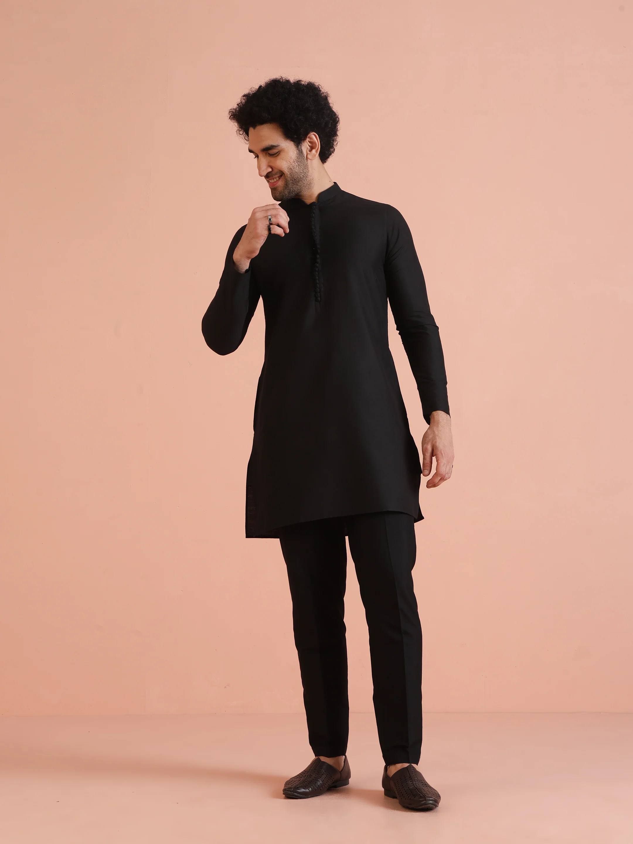 Slate Blue Printed Jacket Black Kurta Set - Image 7