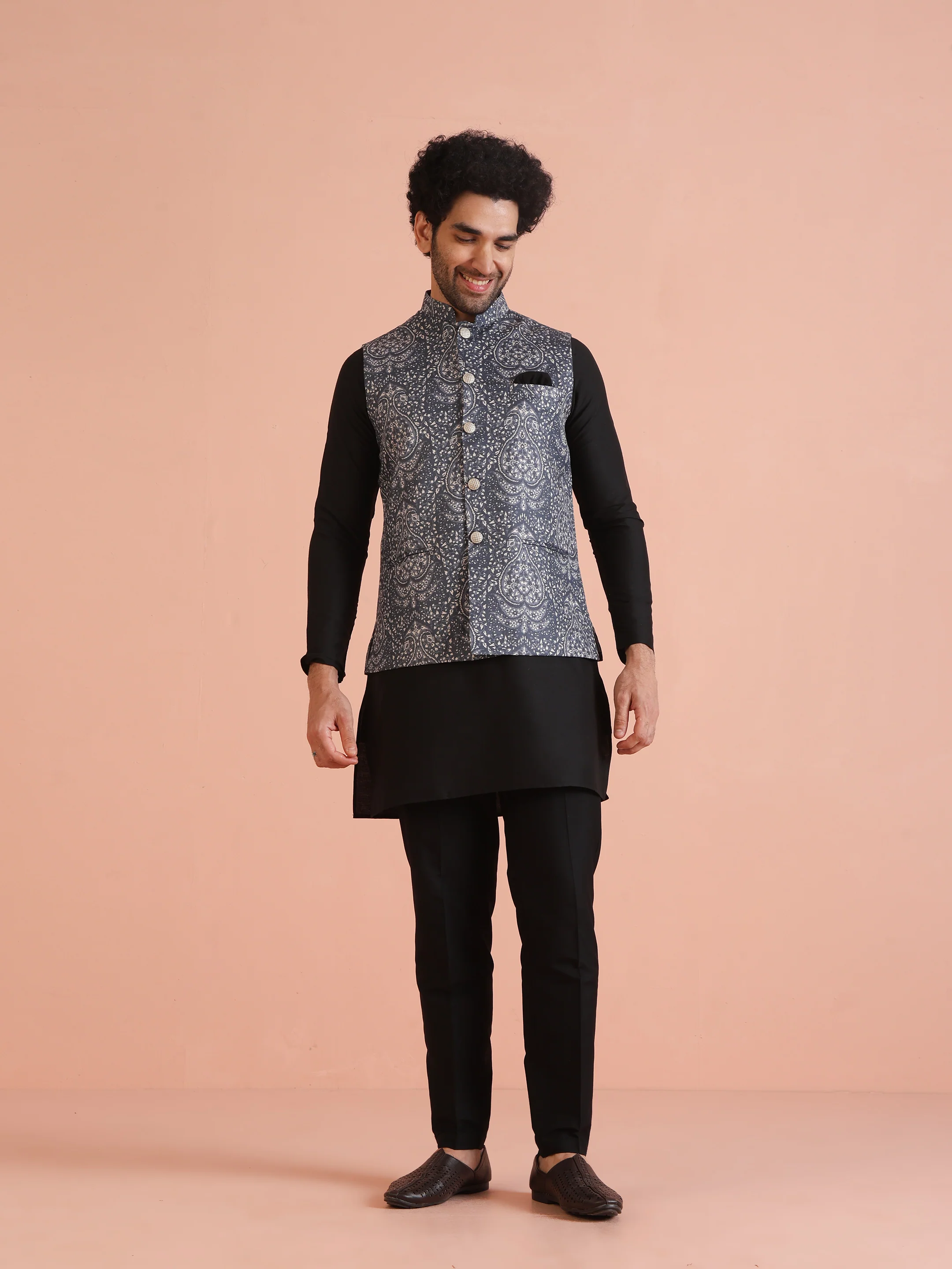 Slate Blue Printed Jacket Black Kurta Set - Image 9