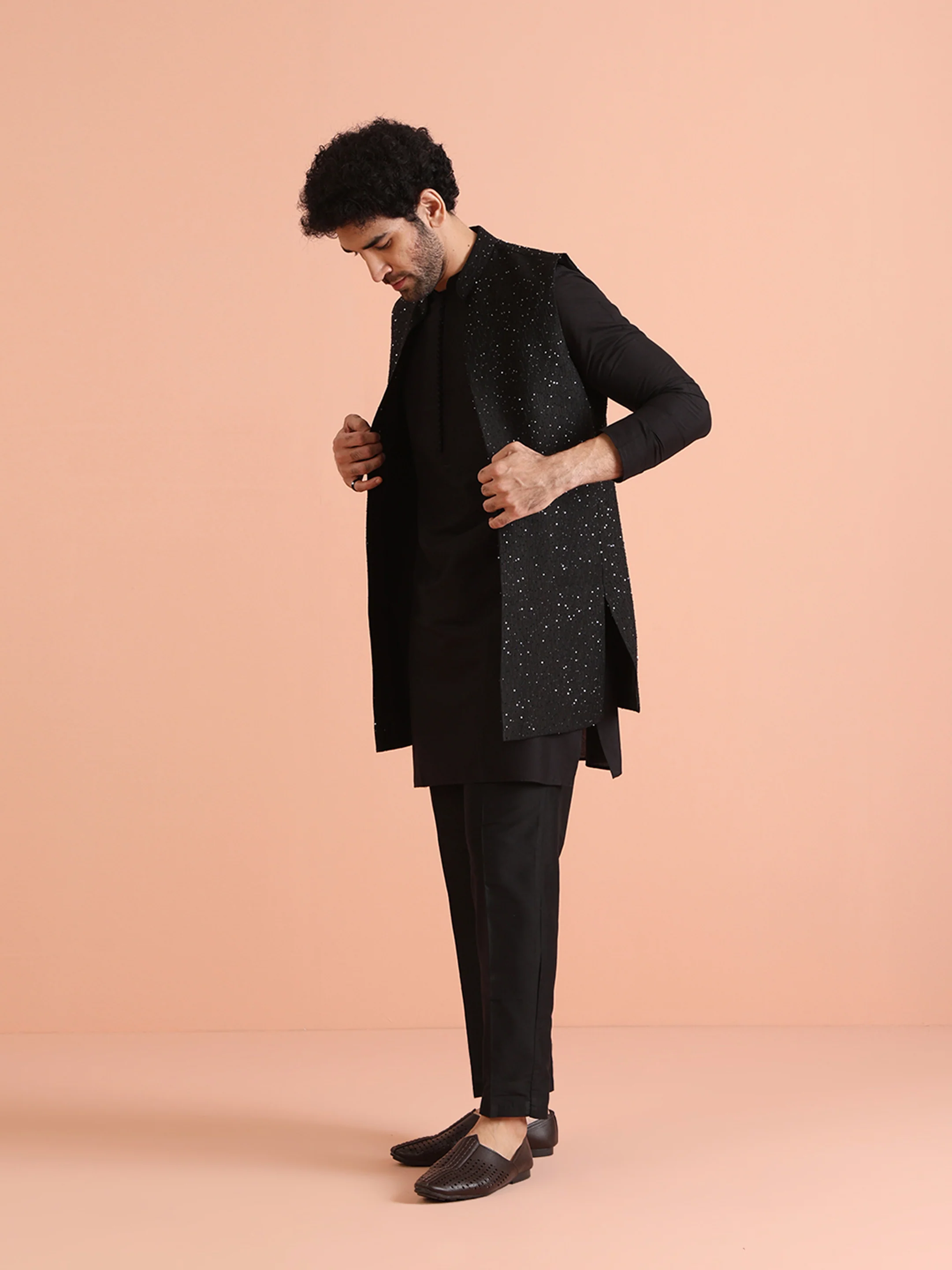 Black Silk Blend Sequined Nehru Jacket Set - Image 2