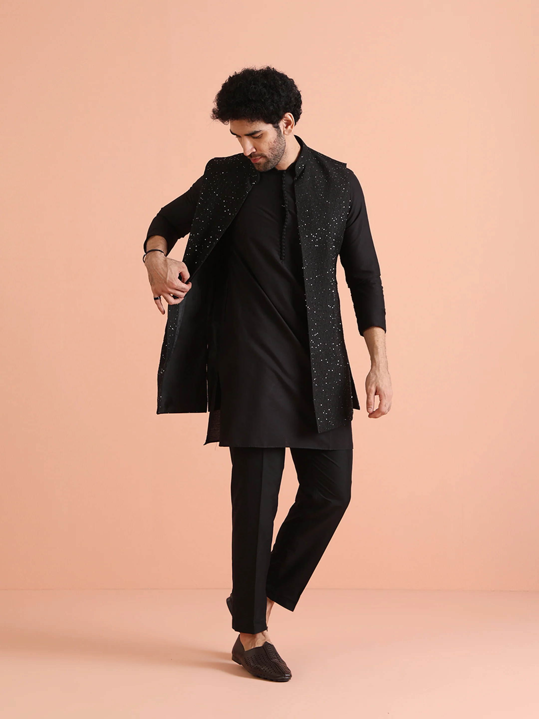 Black Silk Blend Sequined Nehru Jacket Set - Image 3