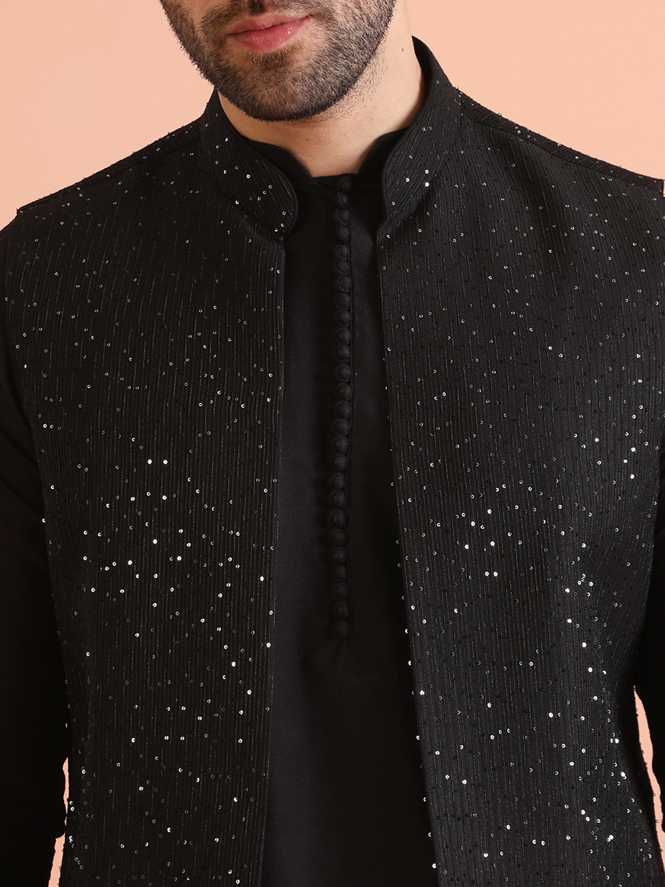 Black Silk Blend Sequined Nehru Jacket Set - Image 5