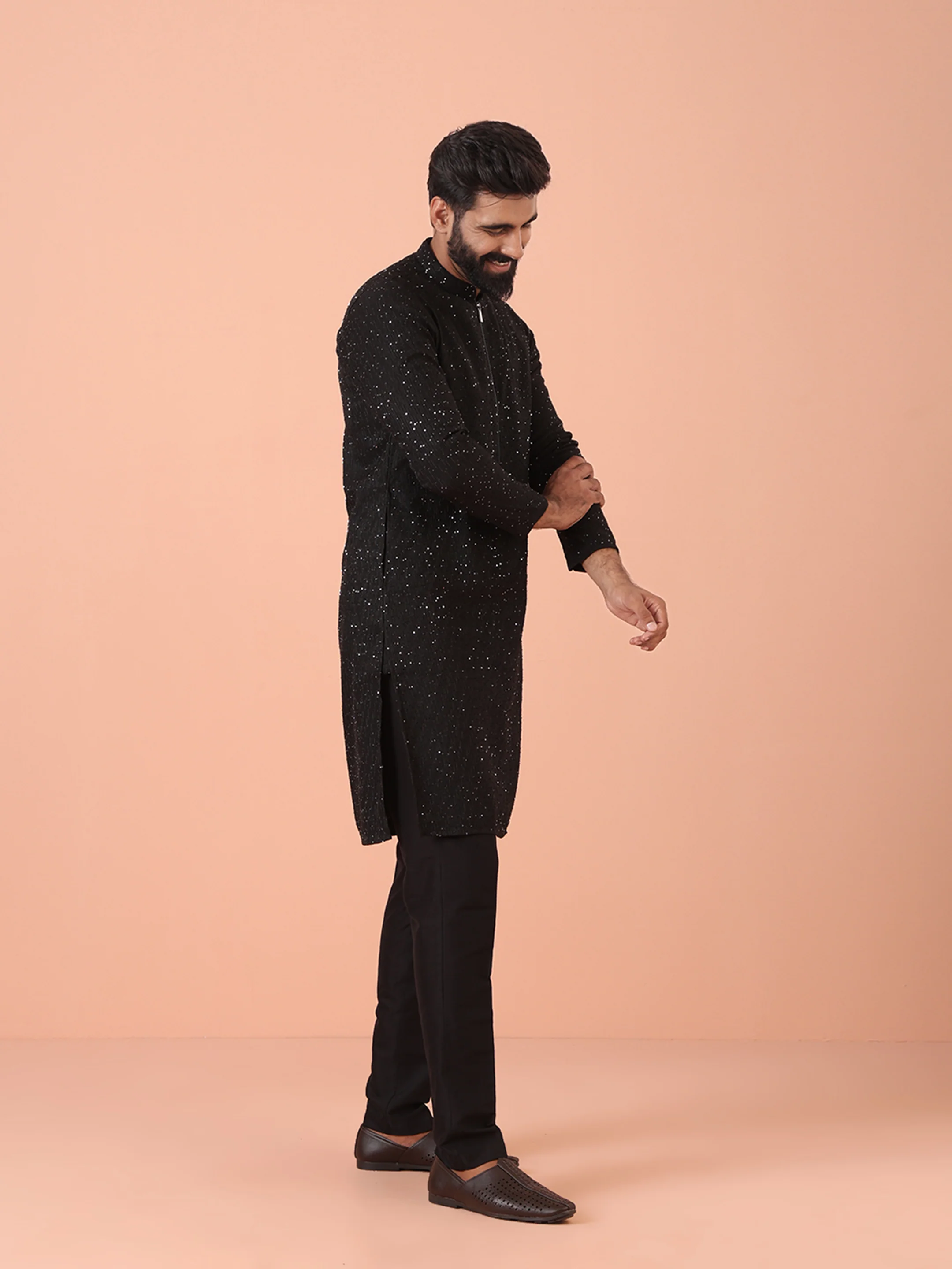 Men Black Embellished Kurta Trouser Set - Image 3