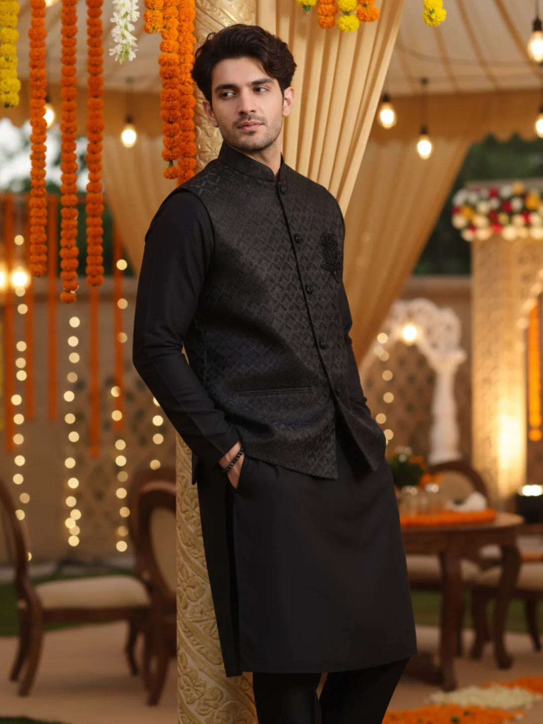 Black Cotton Silk Embossed Nehru Jacket Kurta Trouser - Image 2