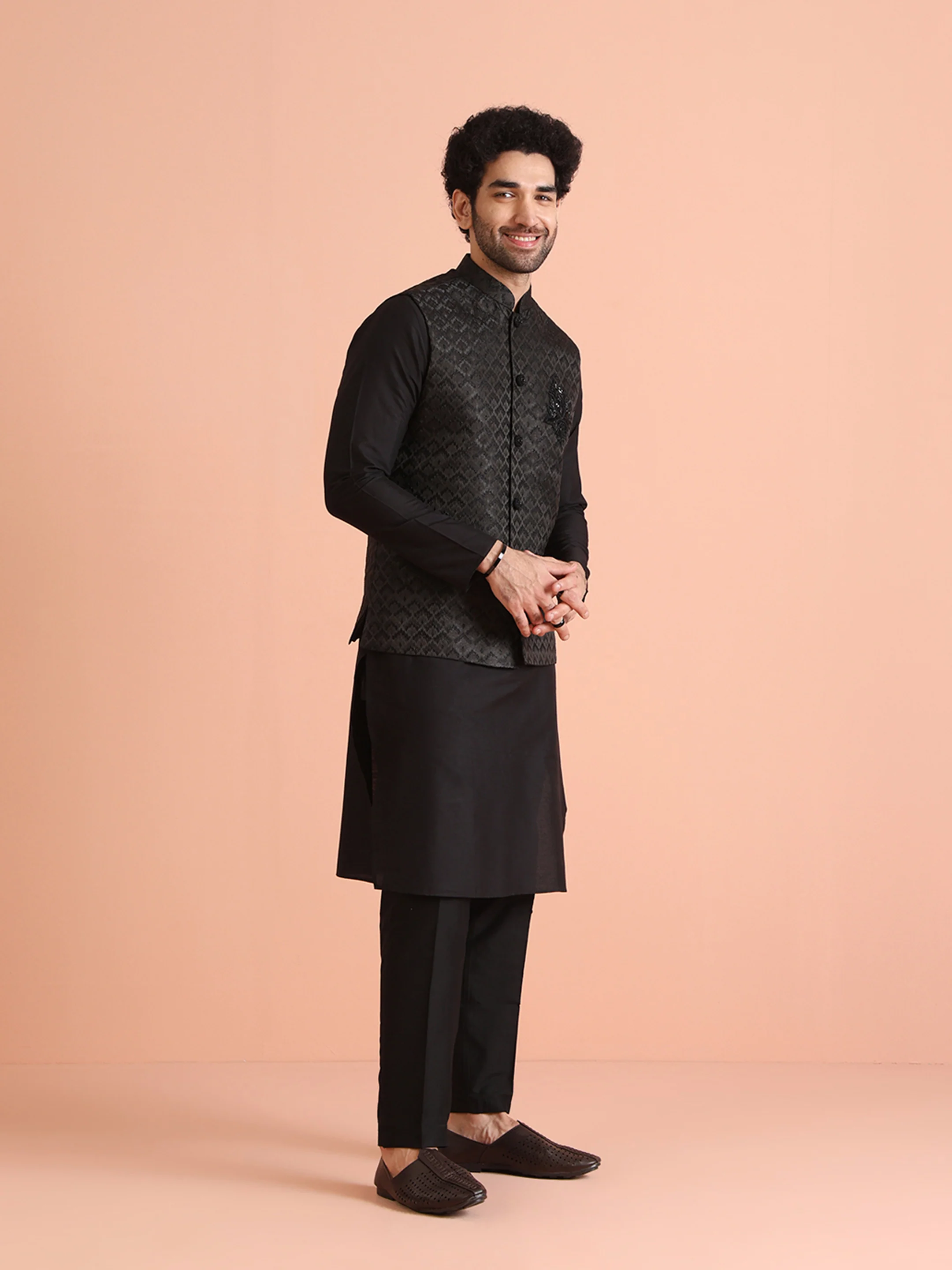 Black Jacquard Nehru Jacket with Brooch - Image 2